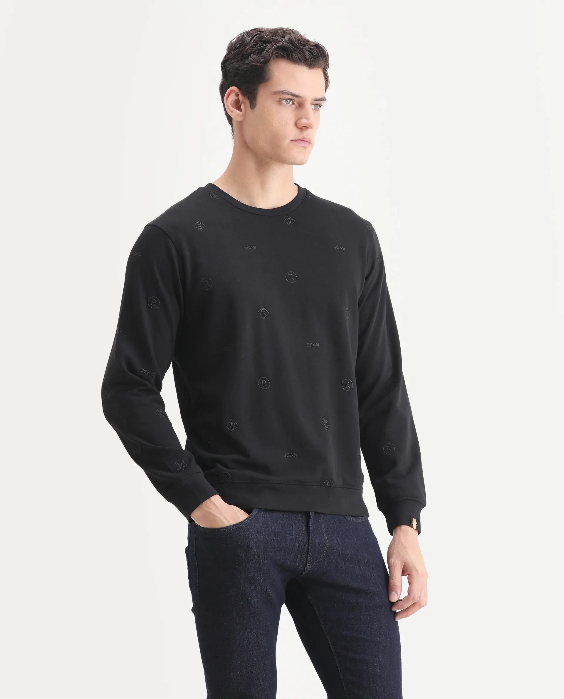 Rare Rabbit Men's Astrix Black Cotton Embroidered Regular Fit Full Sleeve Crew Neck Sweatshirt - Image 6