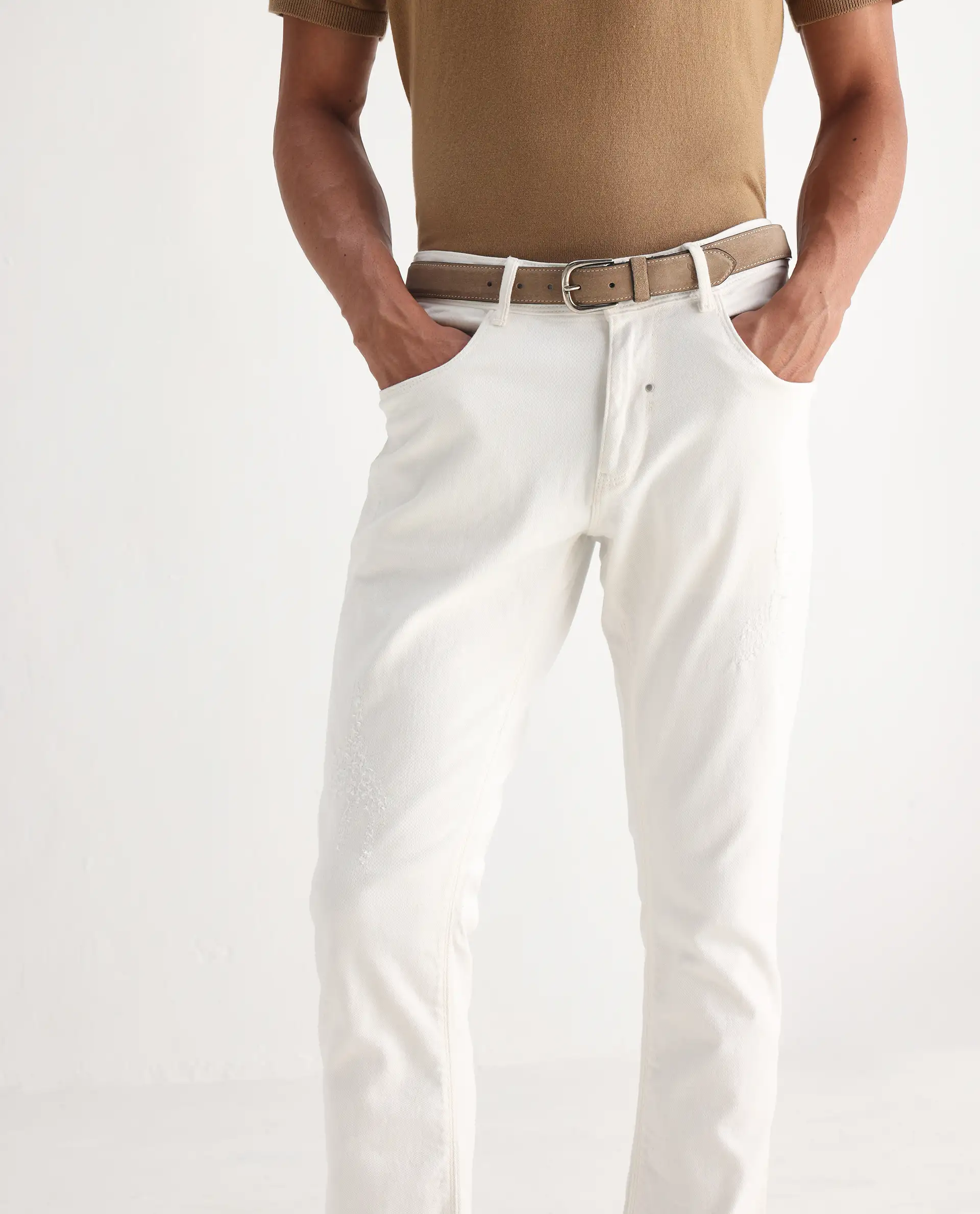 Rare Rabbit Men's Astro White Cotton Blend Plain Hawk Slim Fit Jeans - Image 2