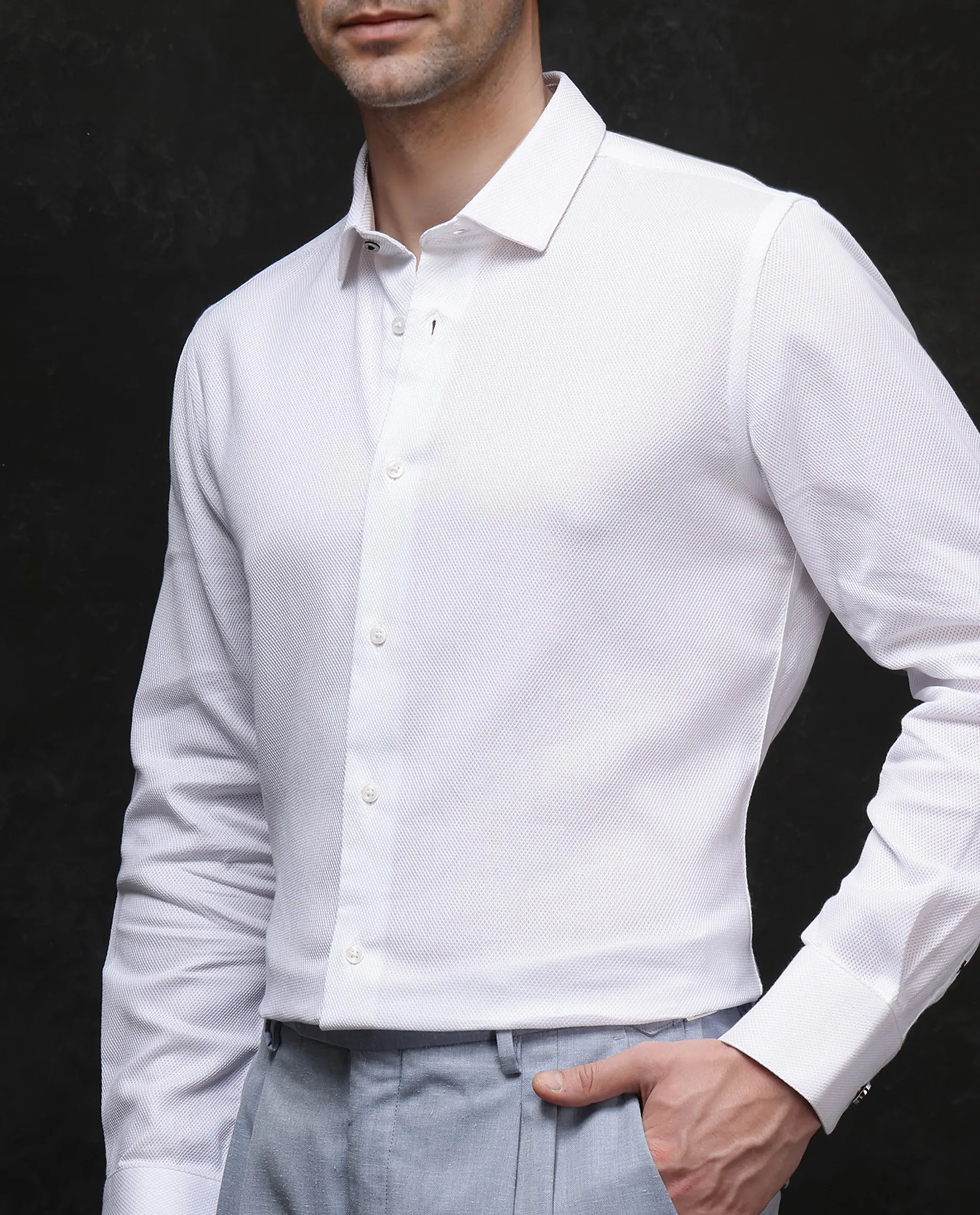 Rare Rabbit Men's Astron-1 White Cotton Plain Regular Fit Full Sleeve Collared Shirt - Image 3