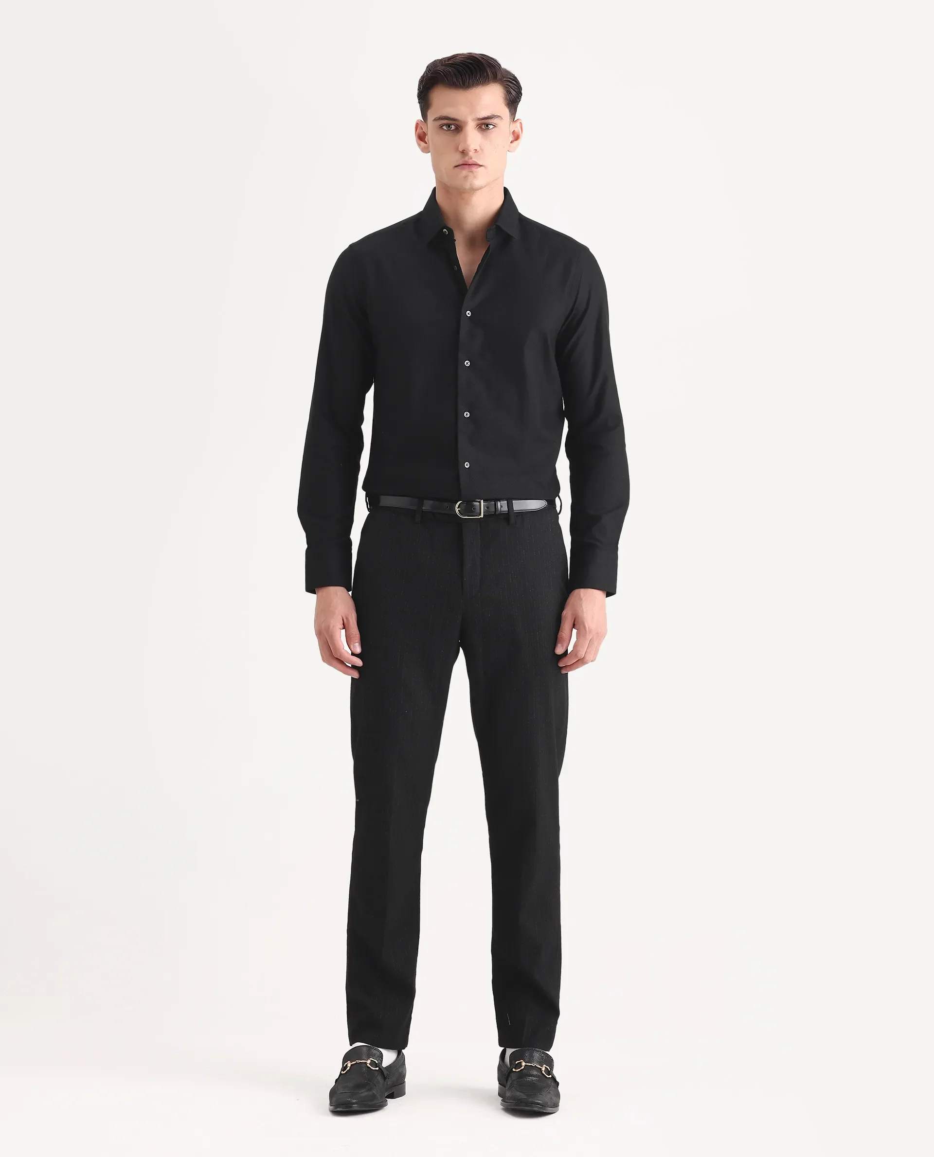 Rare Rabbit Men's Guild Business Astron Black Cotton Textured Regular Fit Full Sleeve Collared Shirt - Image 2