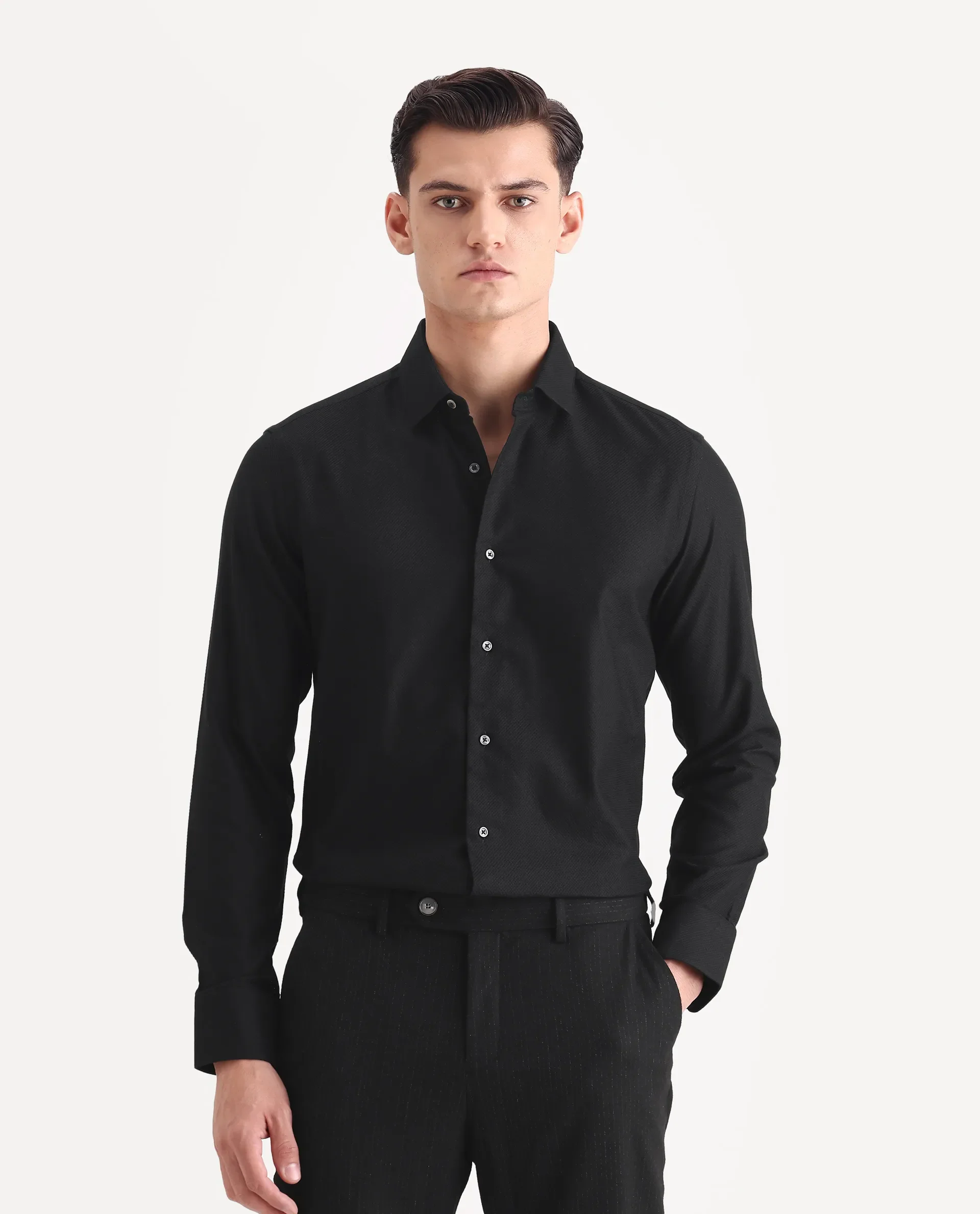 Rare Rabbit Men's Guild Business Astron Black Cotton Textured Regular Fit Full Sleeve Collared Shirt - Image 4