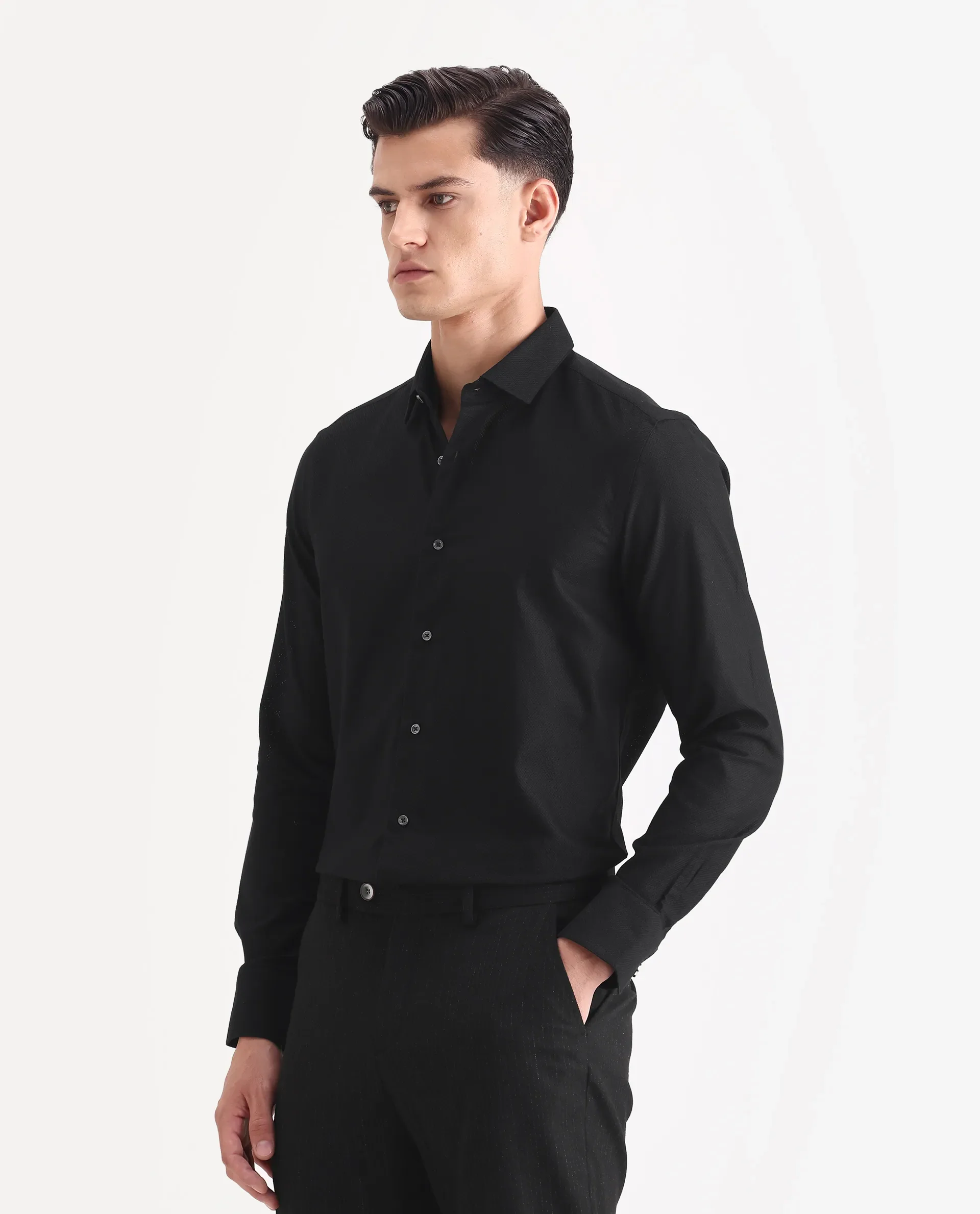 Rare Rabbit Men's Guild Business Astron Black Cotton Textured Regular Fit Full Sleeve Collared Shirt - Image 5