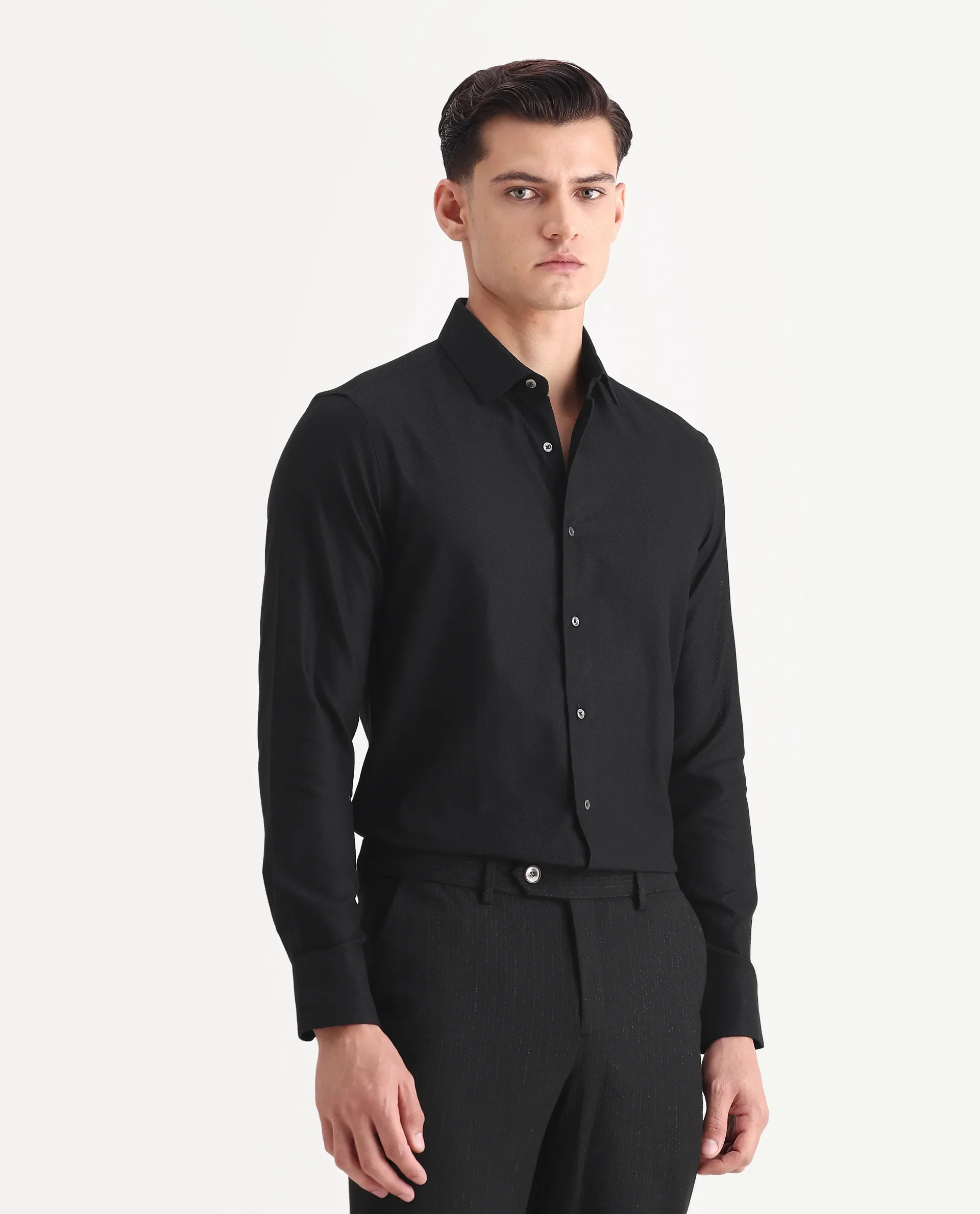 Rare Rabbit Men's Guild Business Astron Black Cotton Textured Regular Fit Full Sleeve Collared Shirt - Image 6
