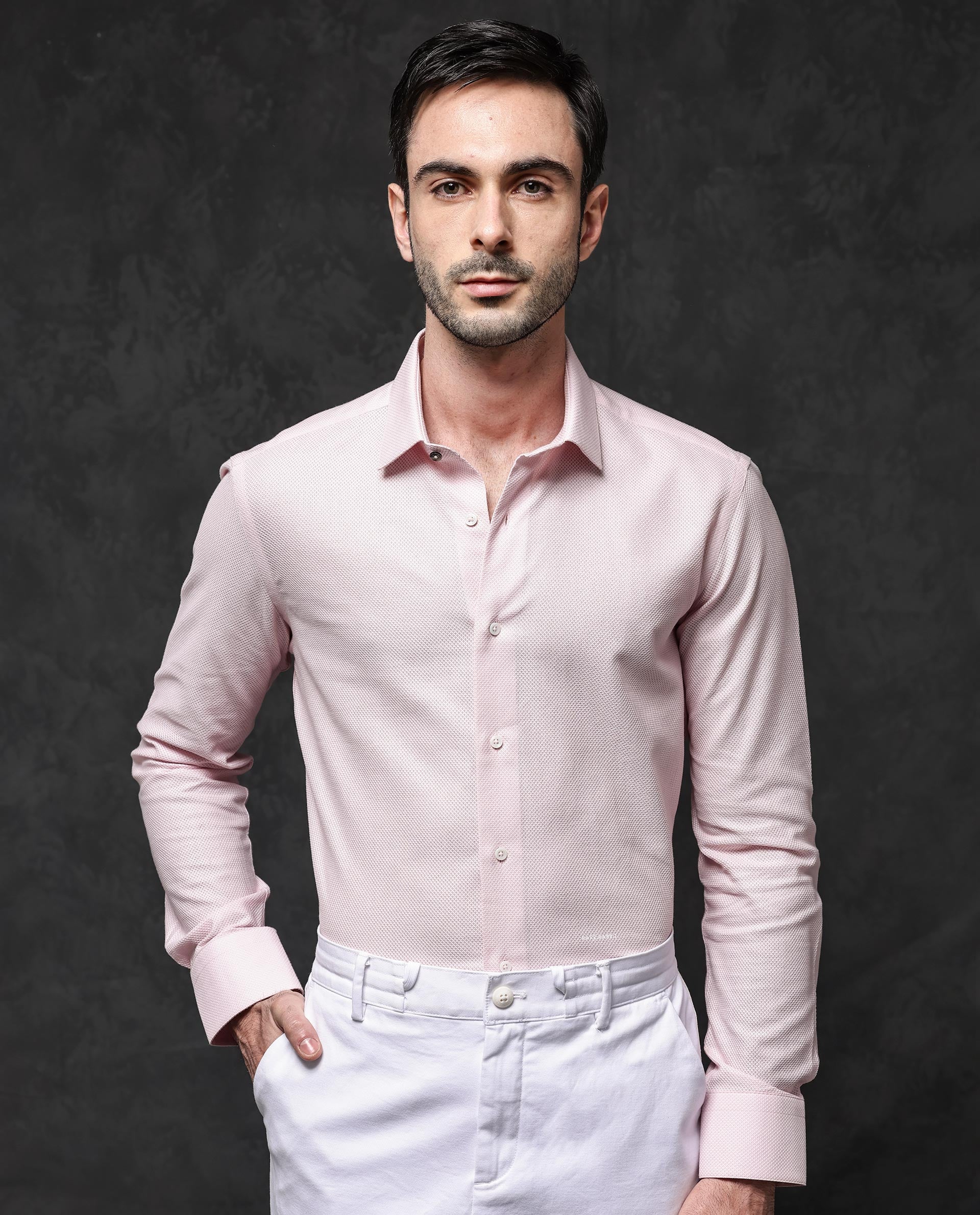 Rare Rabbit Men's Astron Pastel Pink Cotton Textured Regular Fit Full Sleeve Collared Shirt - Image 3