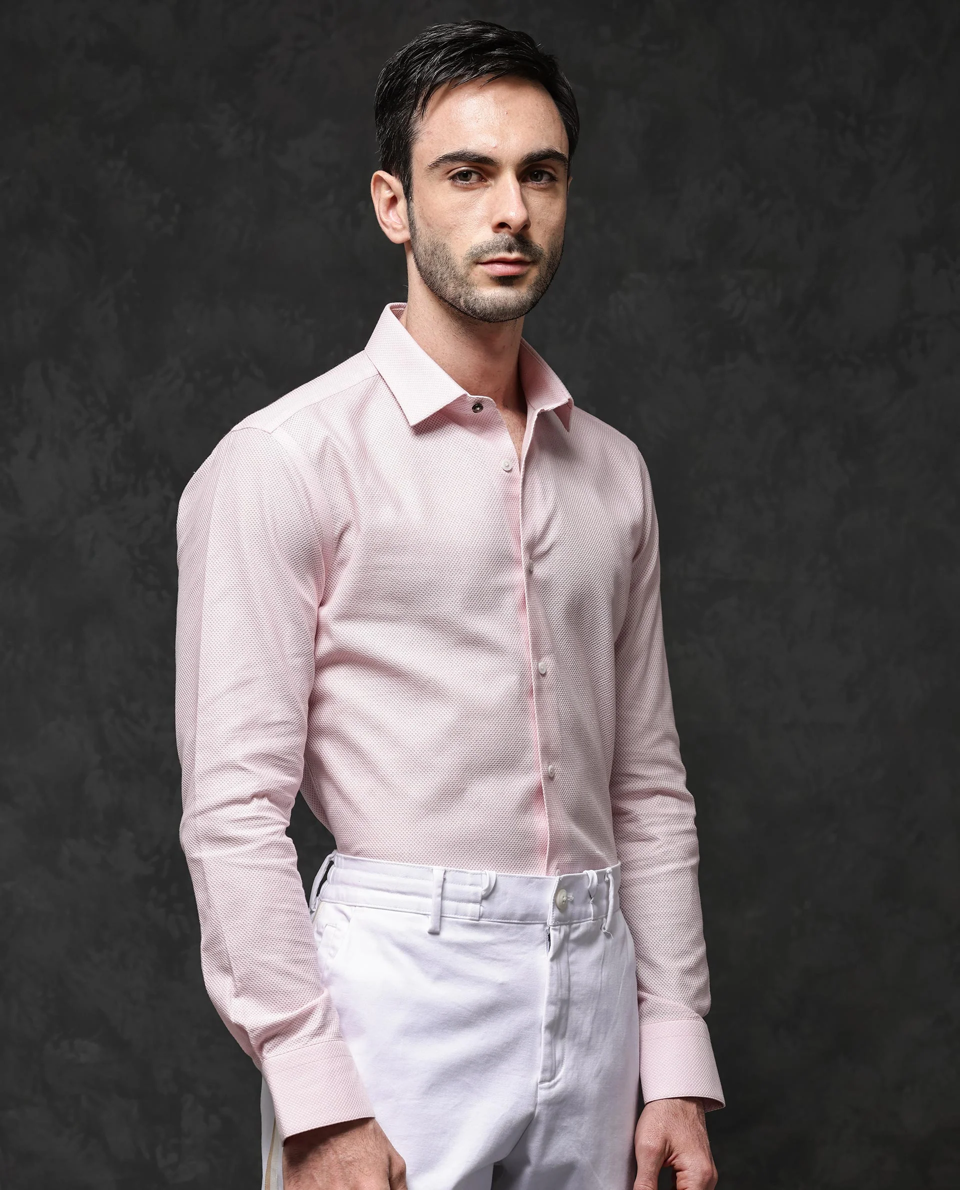 Rare Rabbit Men's Astron Pastel Pink Cotton Textured Regular Fit Full Sleeve Collared Shirt - Image 5
