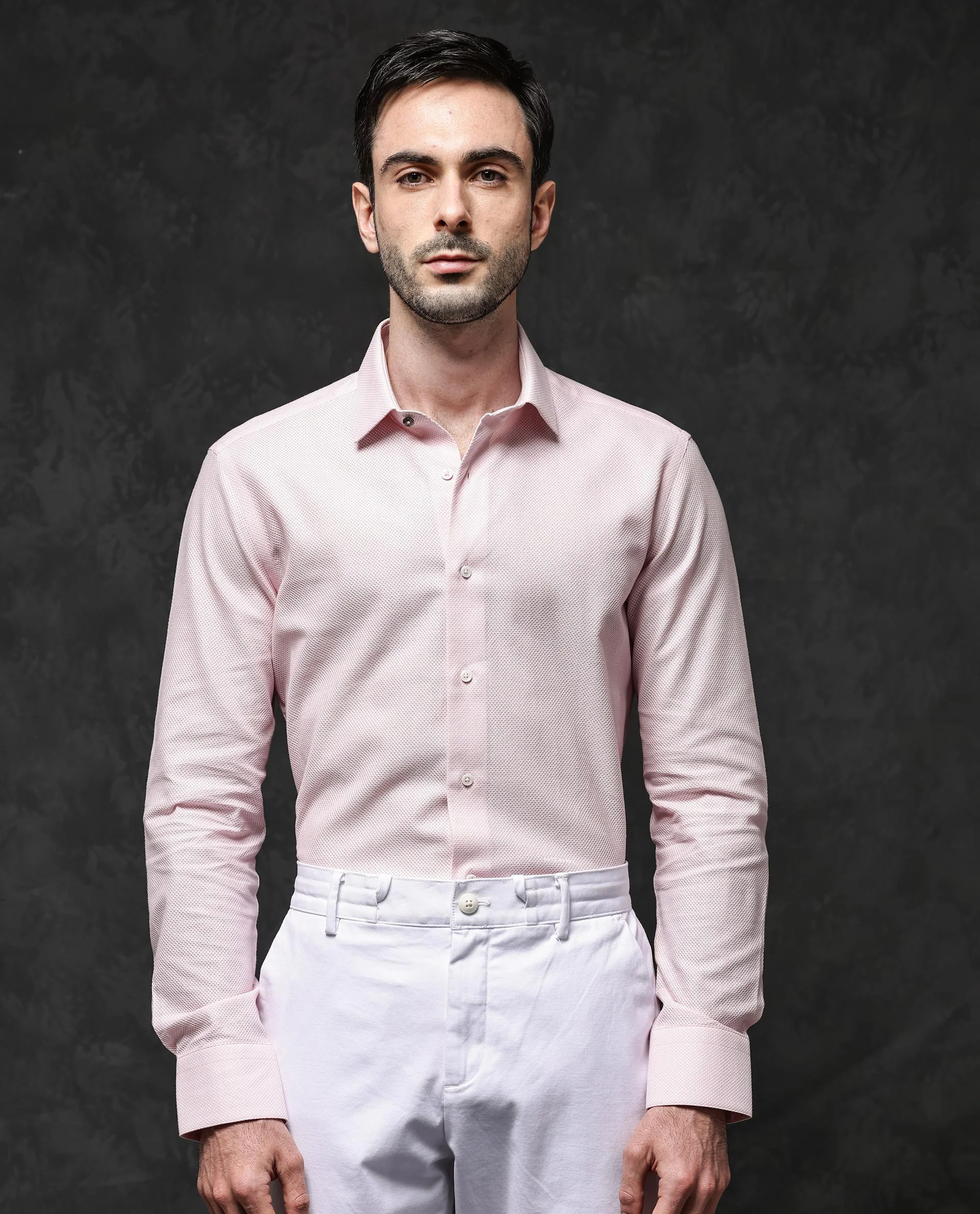 Rare Rabbit Men's Astron Pastel Pink Cotton Textured Regular Fit Full Sleeve Collared Shirt - Image 9