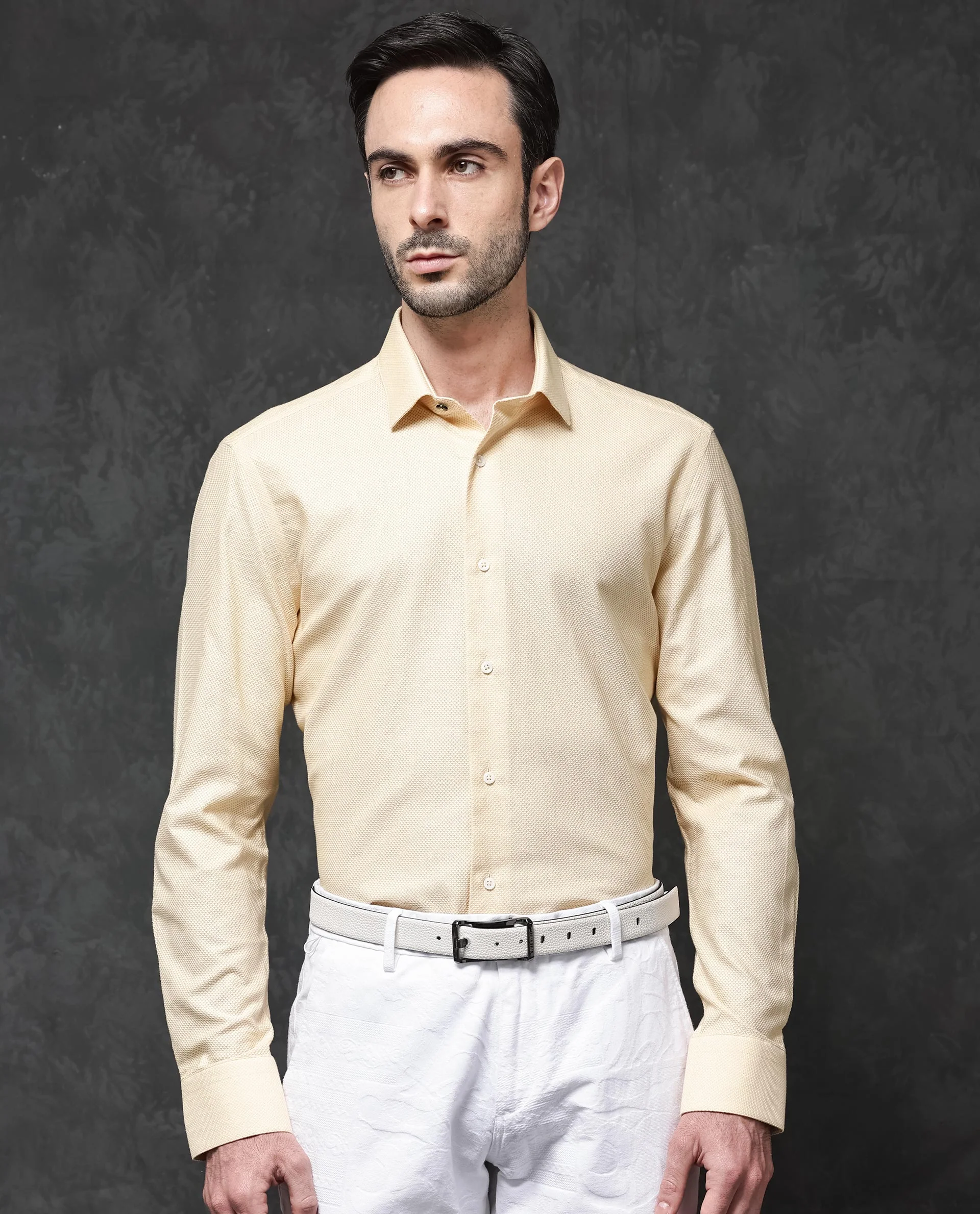 Rare Rabbit Men's Astron Pastel Yellow Cotton Textured Regular Fit Full Sleeve Collared Shirt - Image 11