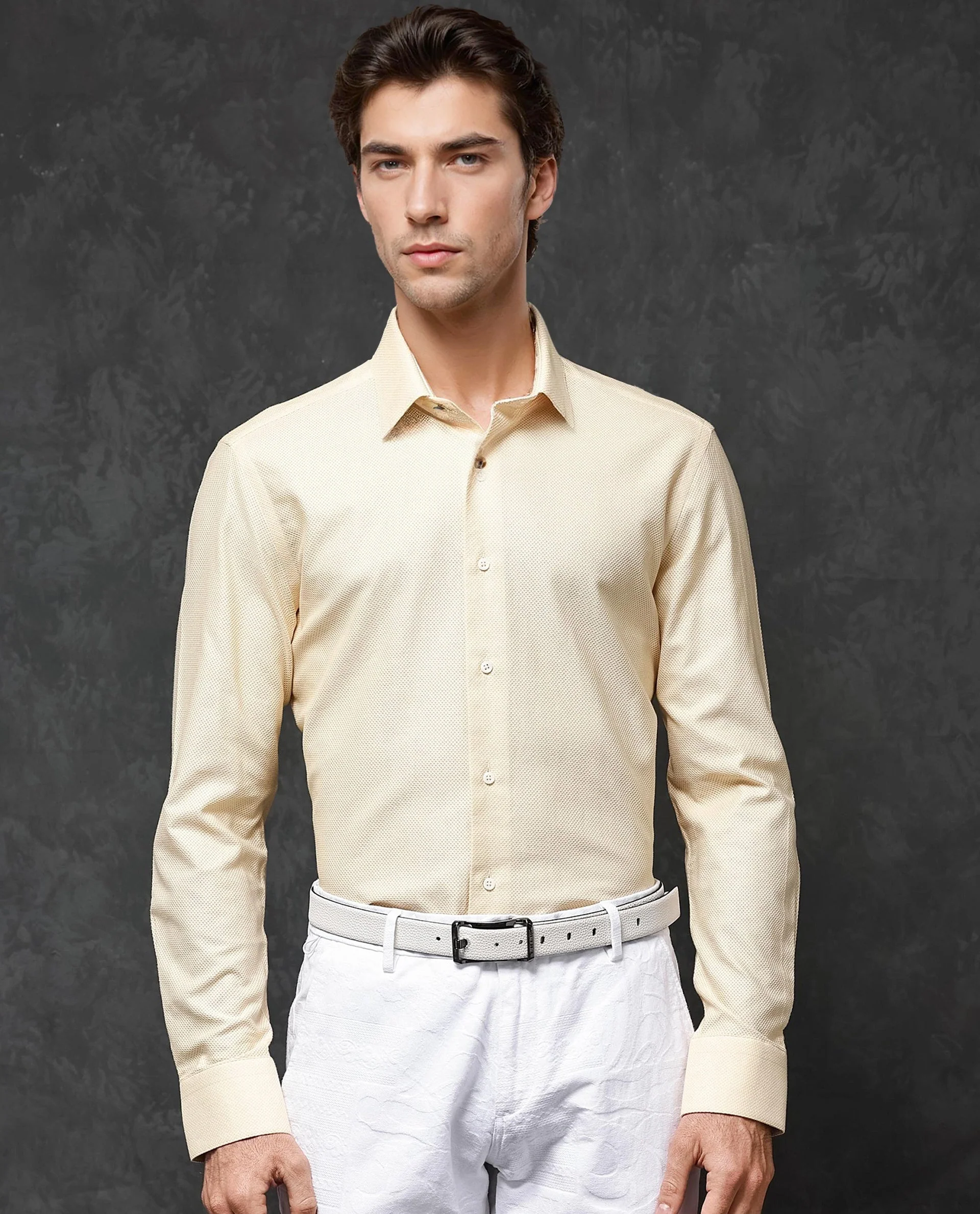 Rare Rabbit Men's Astron Pastel Yellow Cotton Textured Regular Fit Full Sleeve Collared Shirt - Image 3