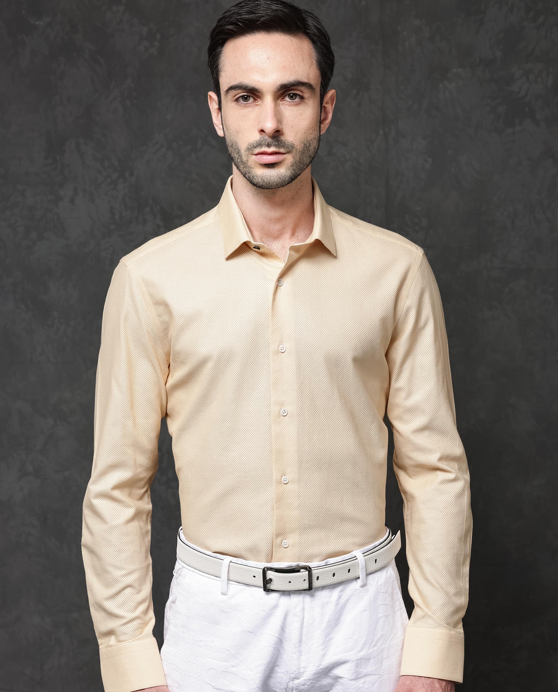 Rare Rabbit Men's Astron Pastel Yellow Cotton Textured Regular Fit Full Sleeve Collared Shirt - Image 4