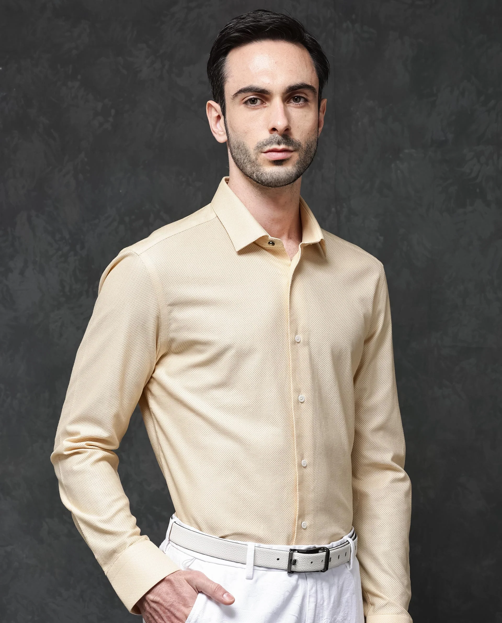 Rare Rabbit Men's Astron Pastel Yellow Cotton Textured Regular Fit Full Sleeve Collared Shirt - Image 6