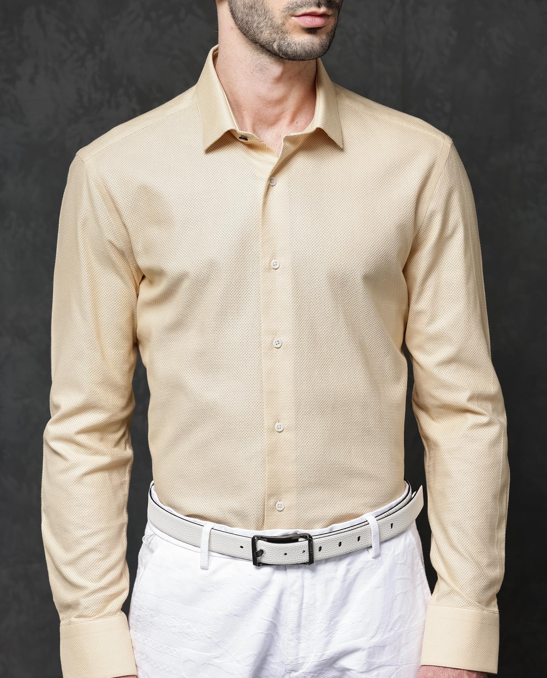 Rare Rabbit Men's Astron Pastel Yellow Cotton Textured Regular Fit Full Sleeve Collared Shirt - Image 7