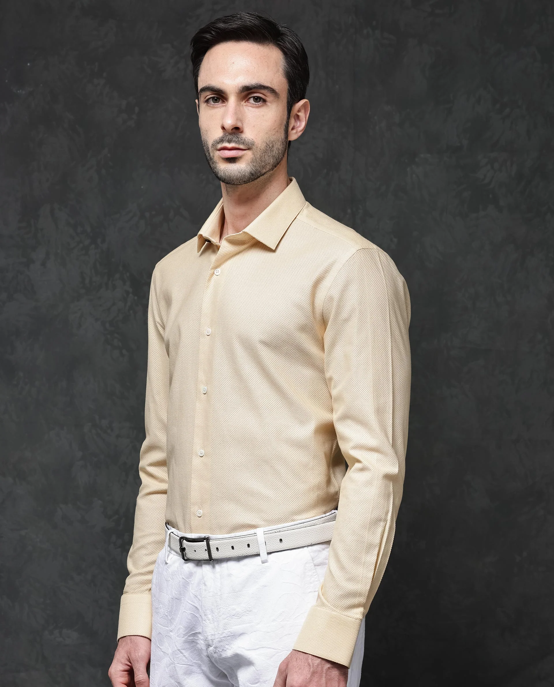 Rare Rabbit Men's Astron Pastel Yellow Cotton Textured Regular Fit Full Sleeve Collared Shirt - Image 9