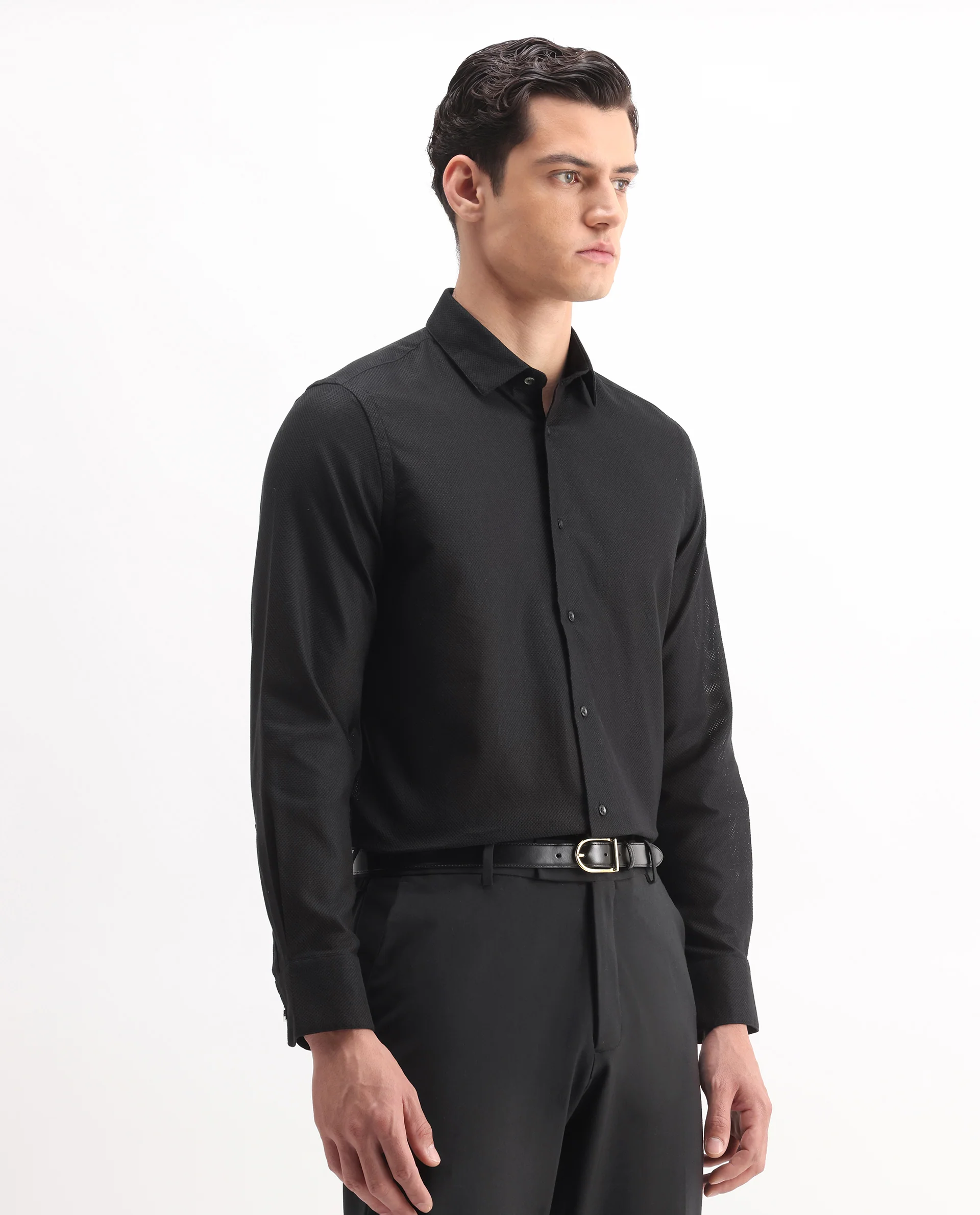Rare Rabbit Men's Astron 25 Black Cotton Blend Plain Regular Fit Full Sleeve Collared Shirt - Image 4