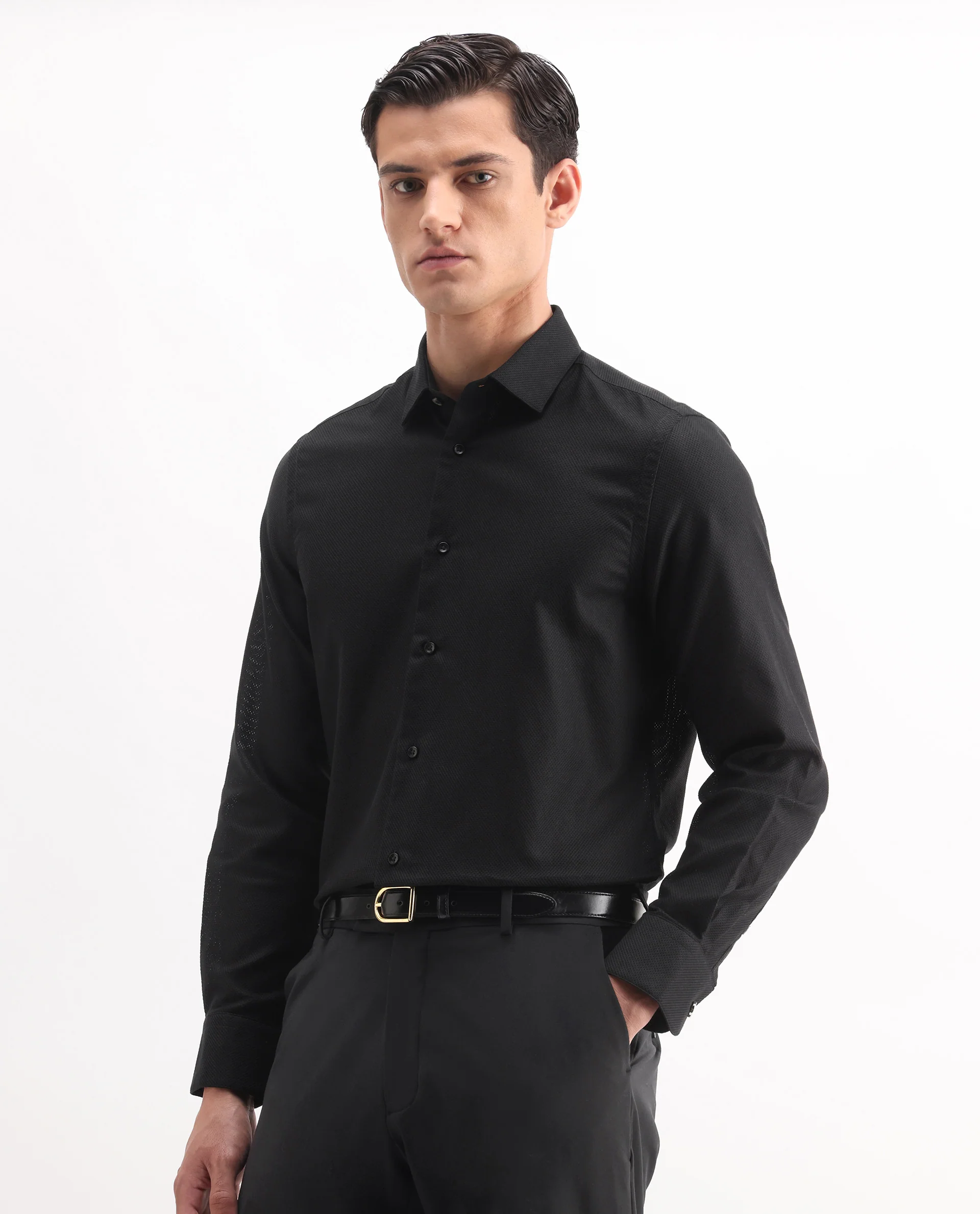 Rare Rabbit Men's Astron 25 Black Cotton Blend Plain Regular Fit Full Sleeve Collared Shirt - Image 5