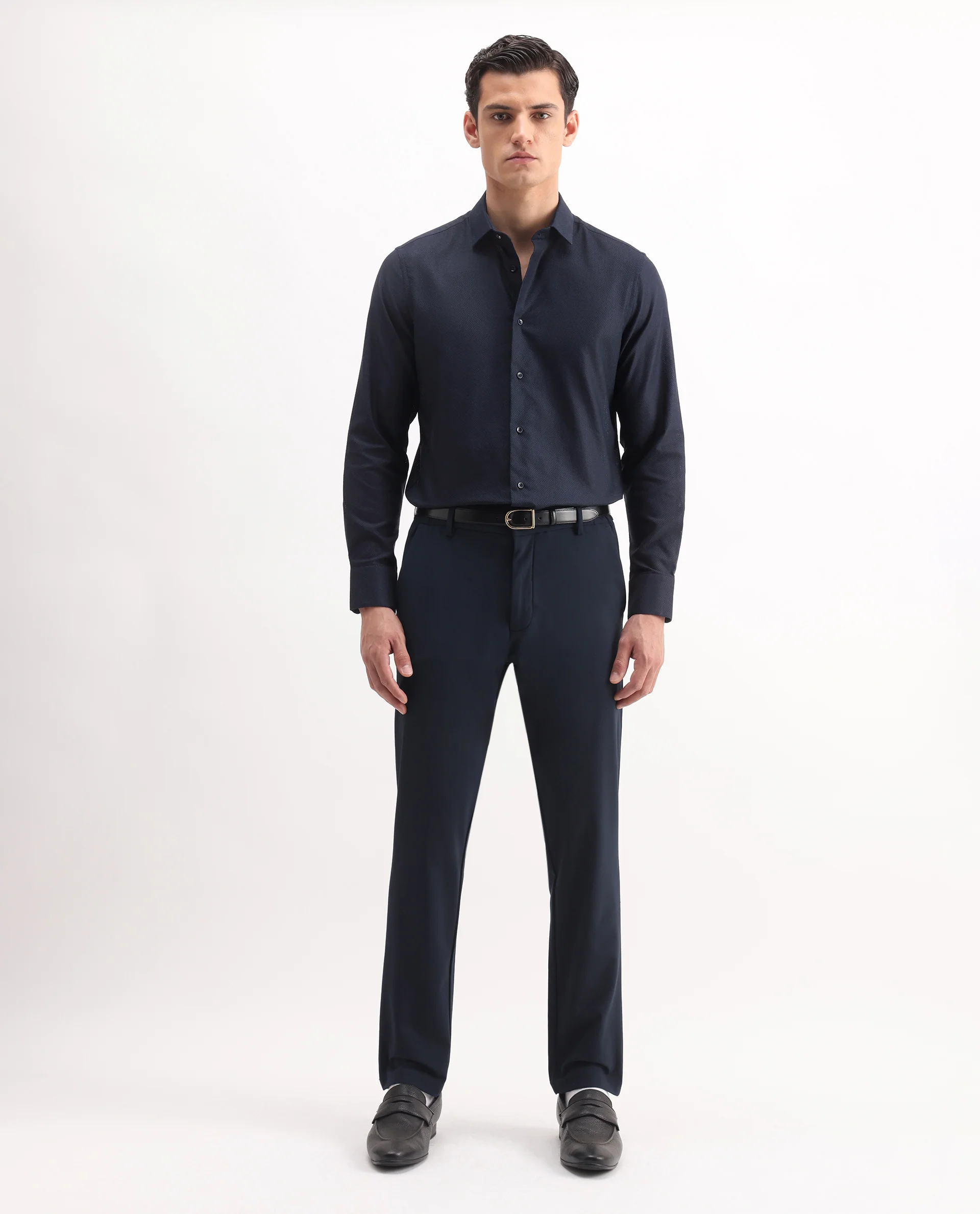 Rare Rabbit Men's Astron 25 Navy Cotton Blend Plain Regular Fit Full Sleeve Collared Shirt - Image 2