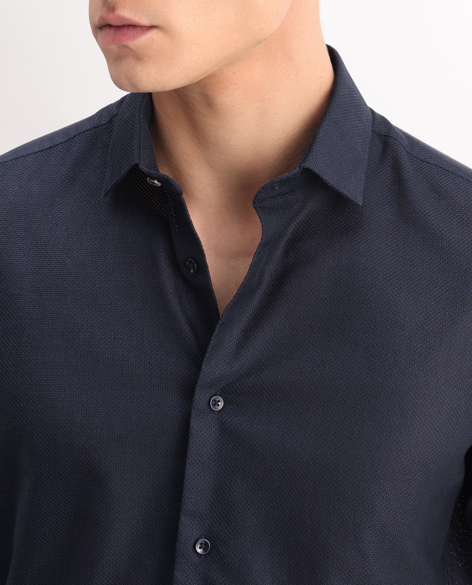 Rare Rabbit Men's Astron 25 Navy Cotton Blend Plain Regular Fit Full Sleeve Collared Shirt - Image 3