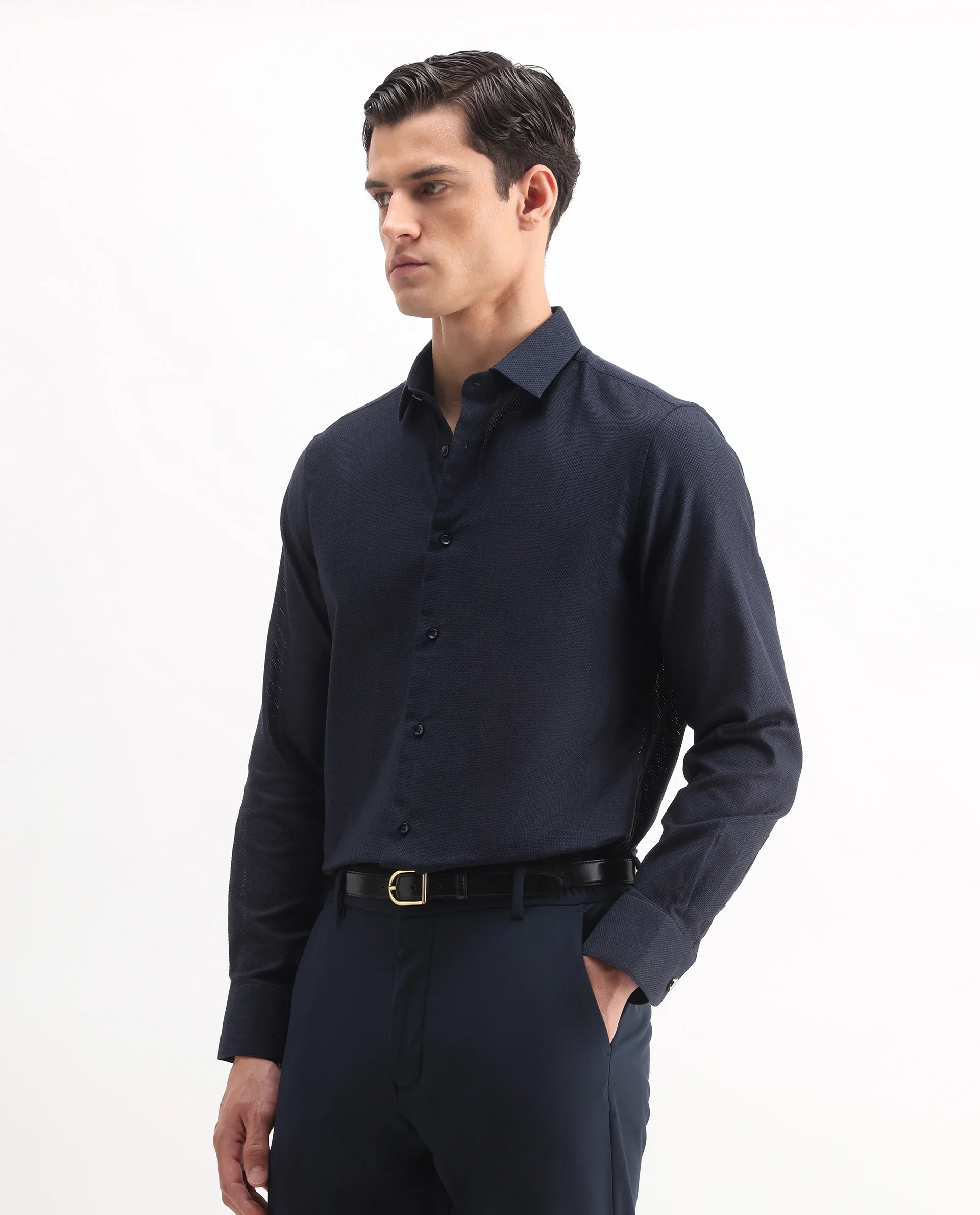 Rare Rabbit Men's Astron 25 Navy Cotton Blend Plain Regular Fit Full Sleeve Collared Shirt - Image 5