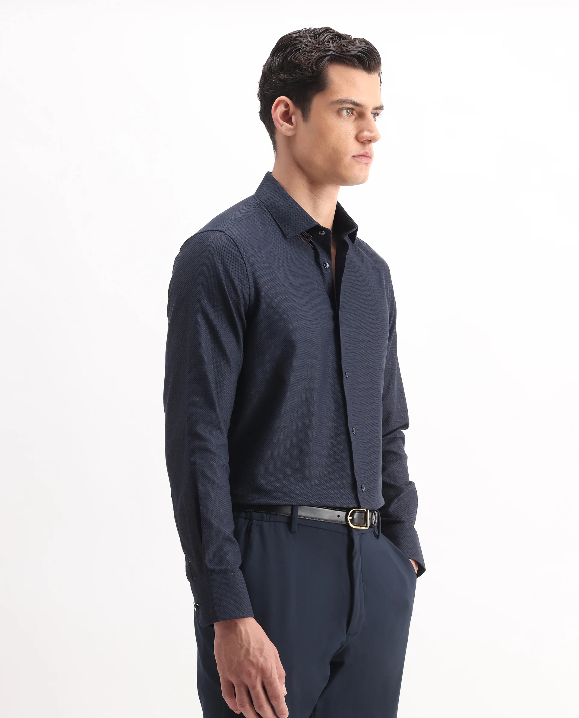 Rare Rabbit Men's Astron 25 Navy Cotton Blend Plain Regular Fit Full Sleeve Collared Shirt - Image 6