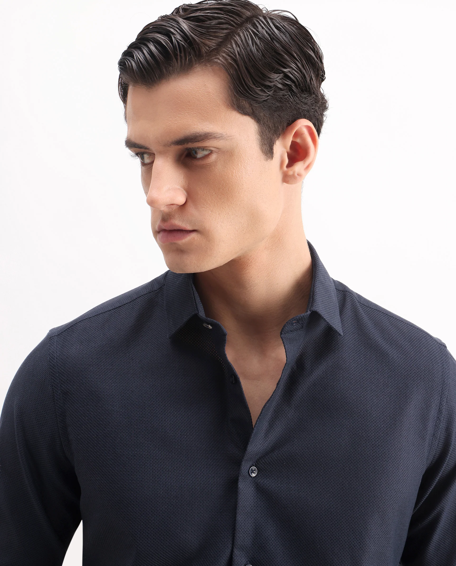 Rare Rabbit Men's Astron 25 Navy Cotton Blend Plain Regular Fit Full Sleeve Collared Shirt - Image 8