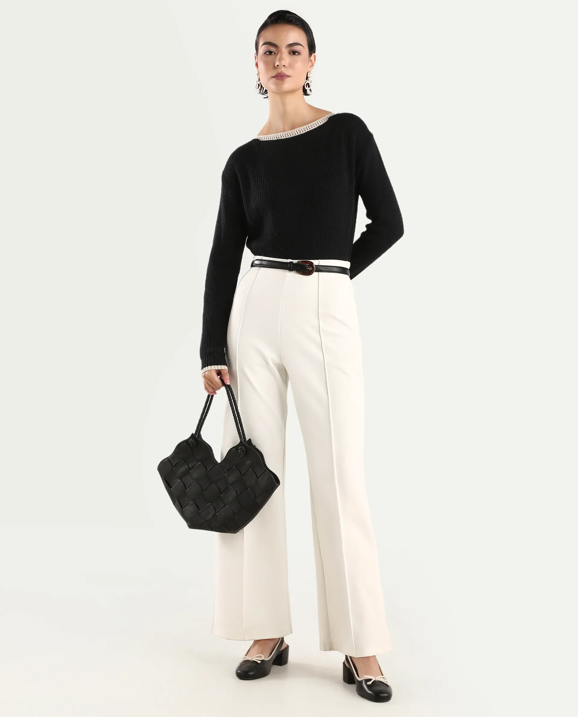 Rareism Women's Astrophel Black Acrylic Boat Neck Plain Relaxed Fit Sweater - Image 2