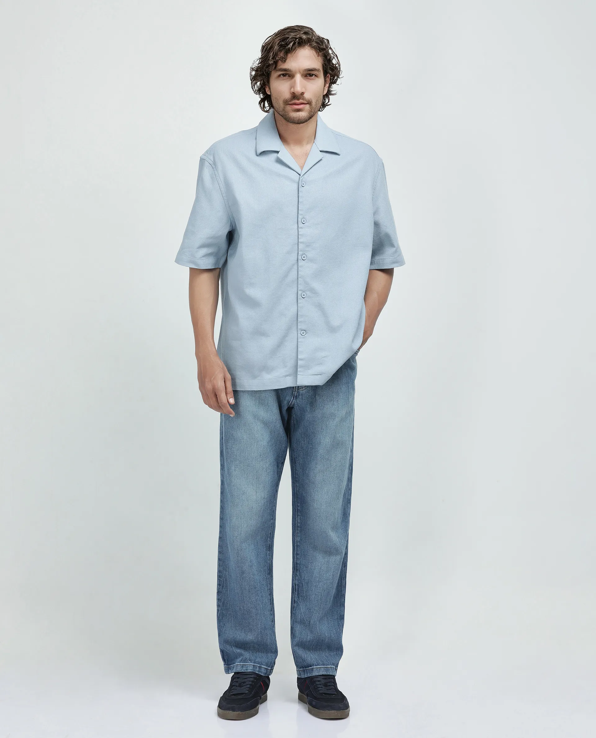 Rare Rabbit Men's Astur Blue Cotton Plain Boxy Fit Half Sleeve Cuban Collar Shirt - Image 2