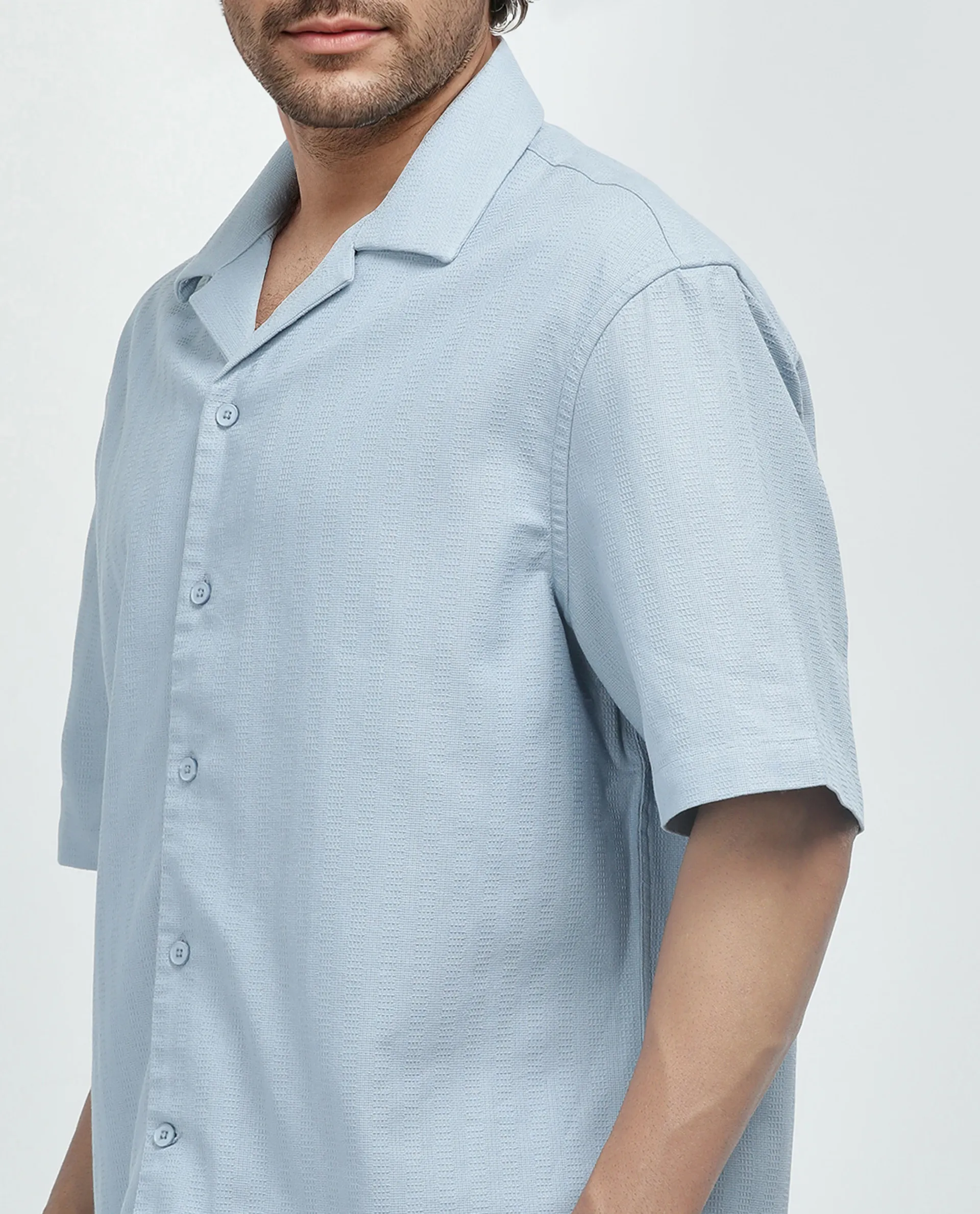 Rare Rabbit Men's Astur Blue Cotton Plain Boxy Fit Half Sleeve Cuban Collar Shirt - Image 3