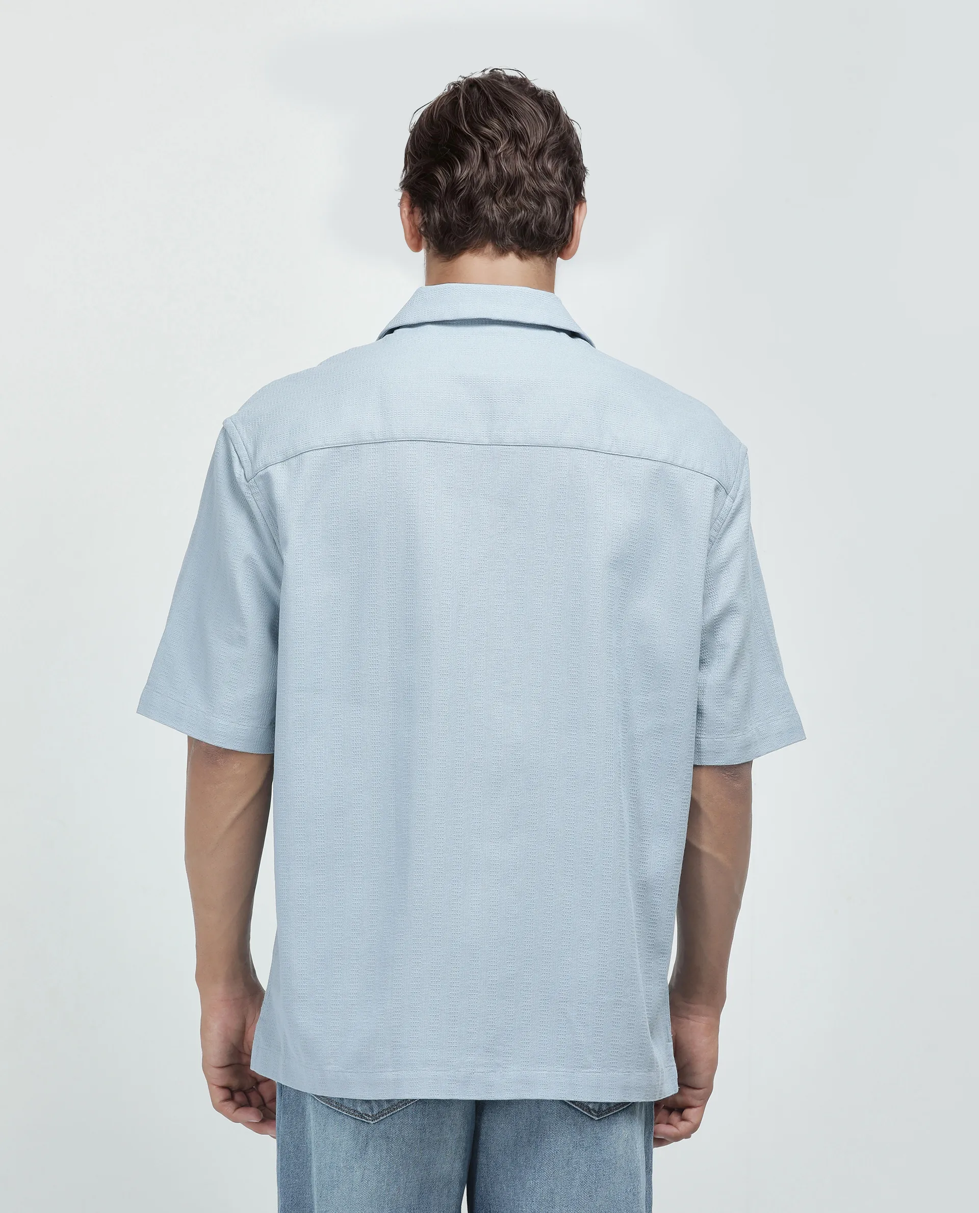 Rare Rabbit Men's Astur Blue Cotton Plain Boxy Fit Half Sleeve Cuban Collar Shirt - Image 4