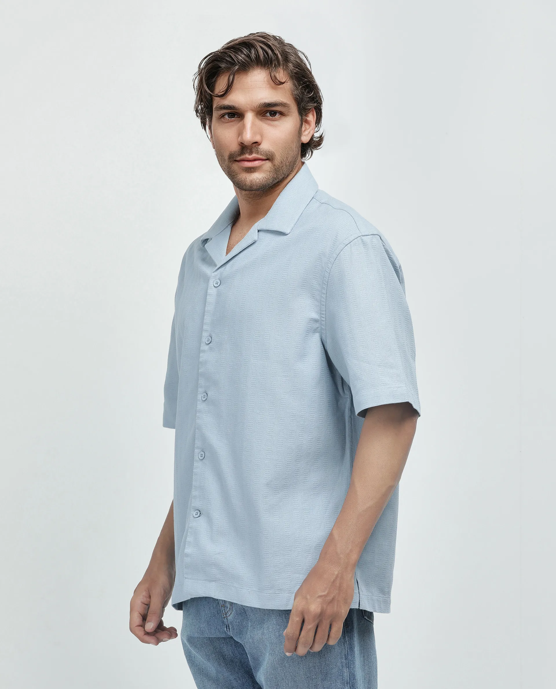 Rare Rabbit Men's Astur Blue Cotton Plain Boxy Fit Half Sleeve Cuban Collar Shirt - Image 5