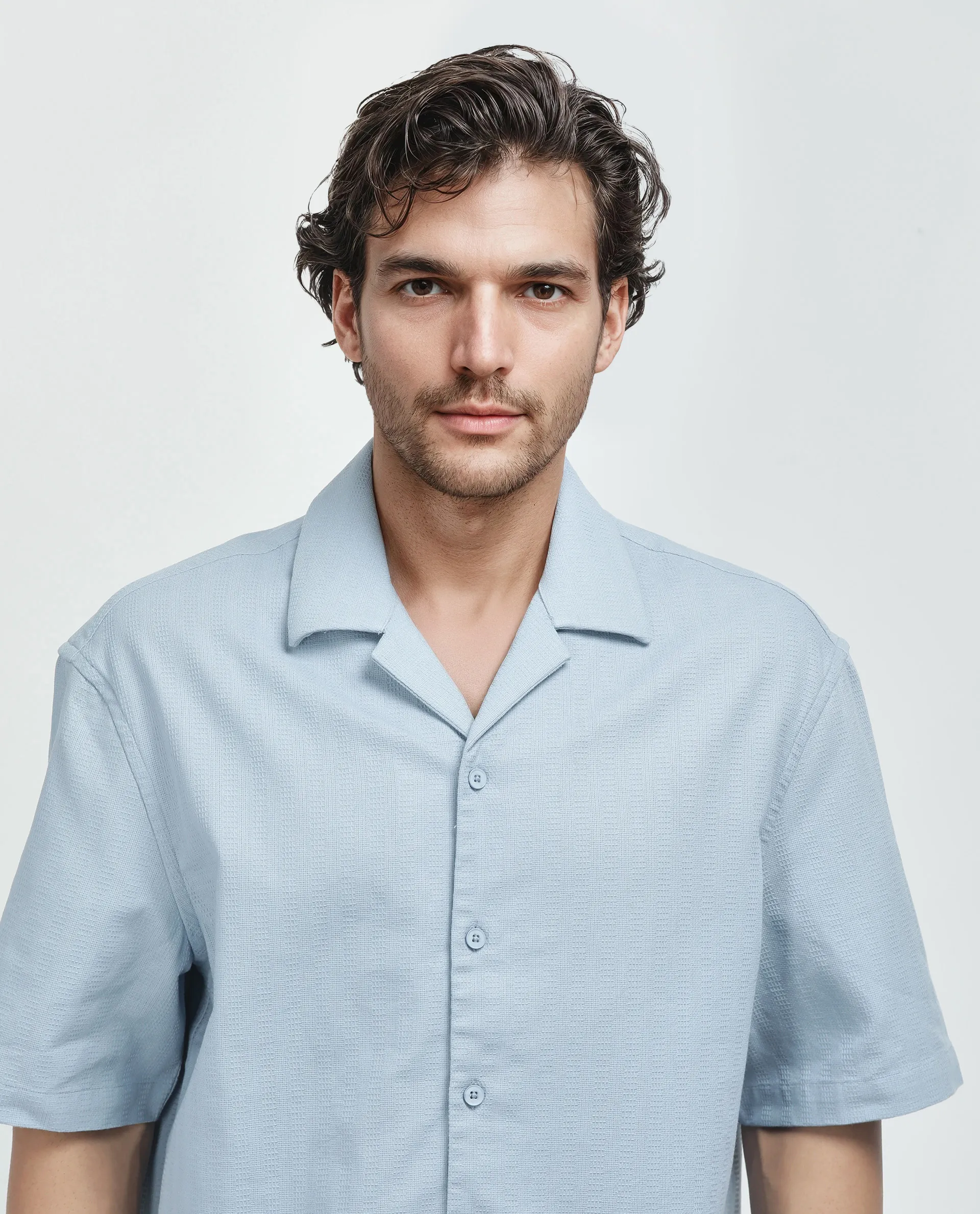 Rare Rabbit Men's Astur Blue Cotton Plain Boxy Fit Half Sleeve Cuban Collar Shirt - Image 6