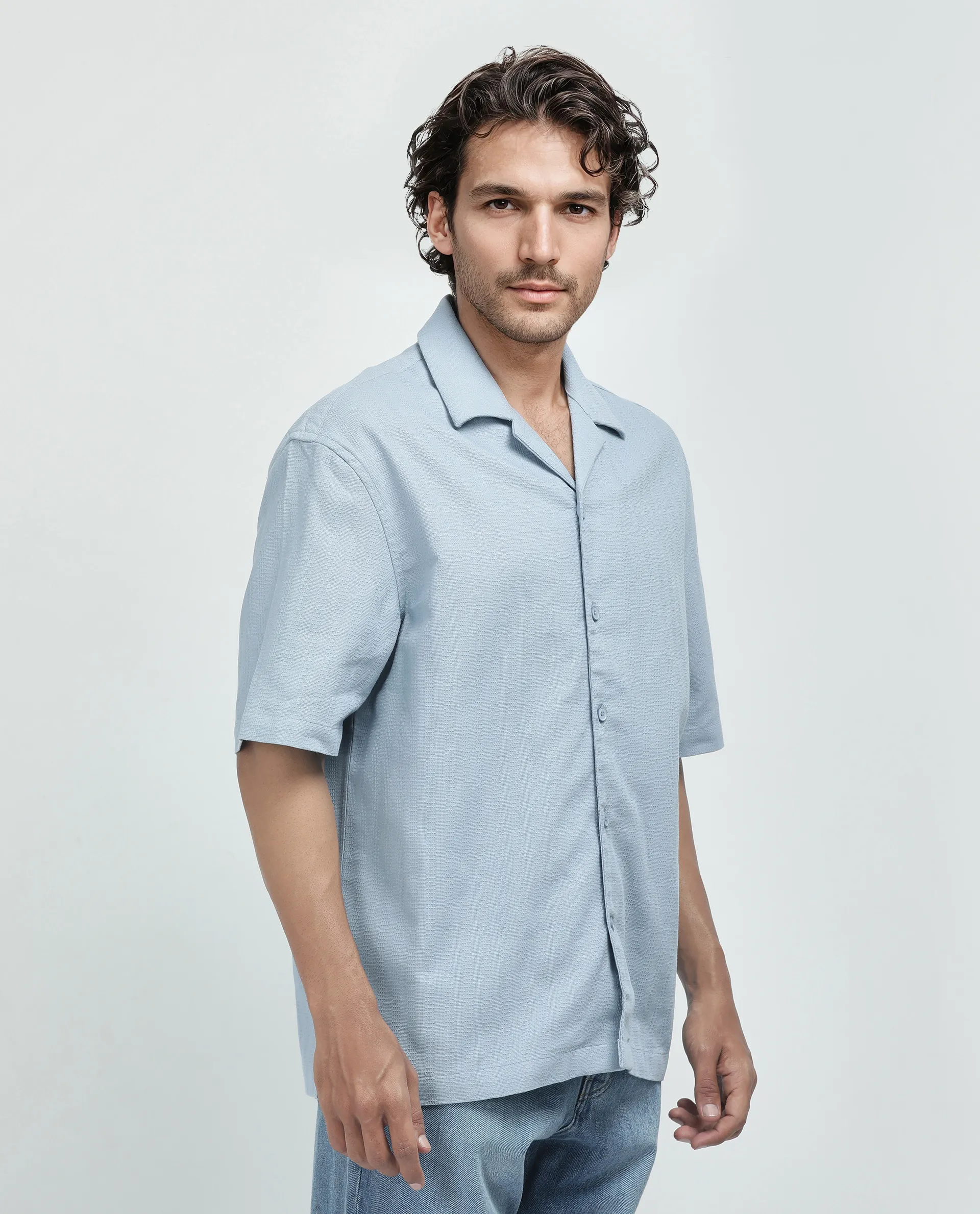 Rare Rabbit Men's Astur Blue Cotton Plain Boxy Fit Half Sleeve Cuban Collar Shirt - Image 7