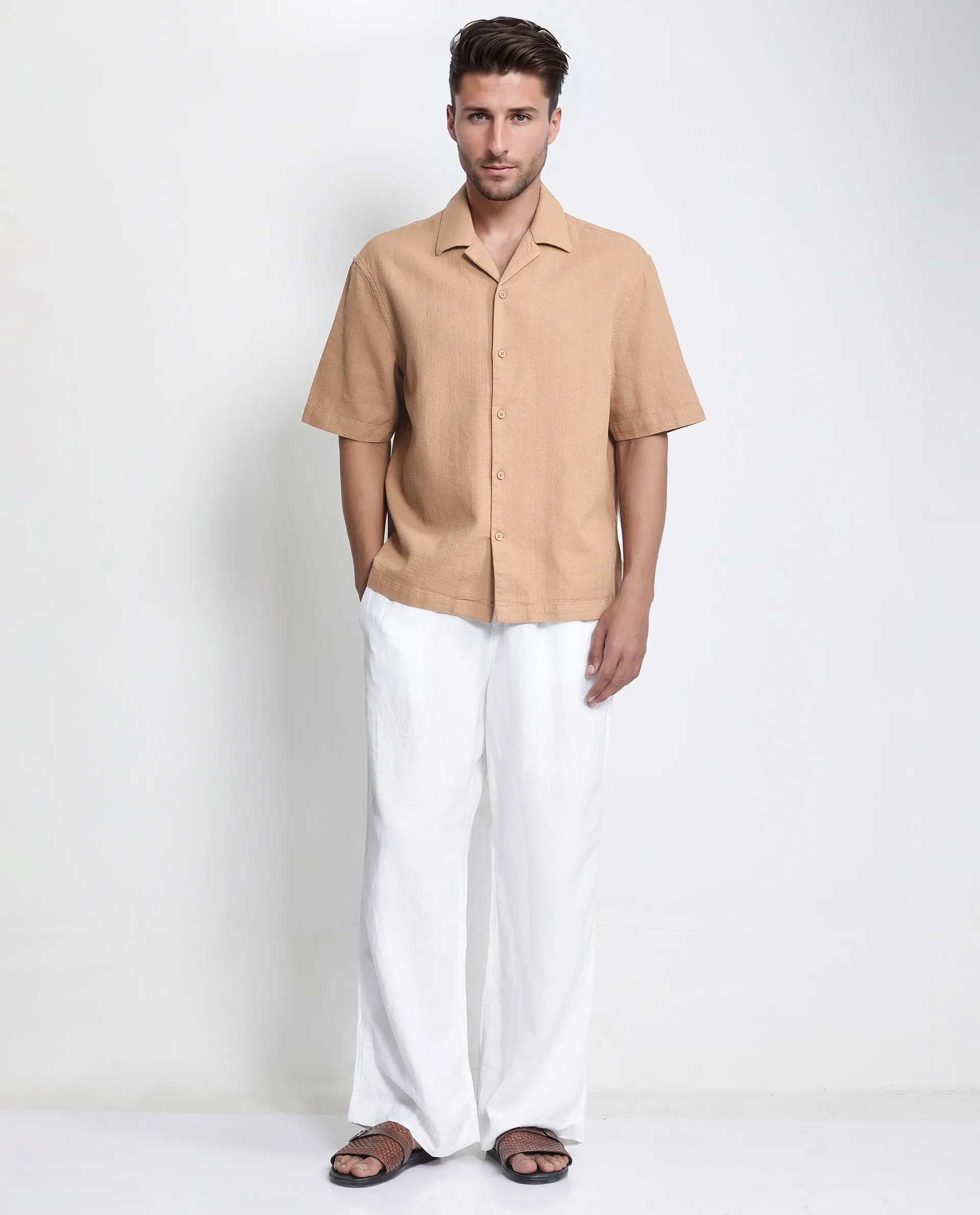 Rare Rabbit Men's Astur Brown Cotton Plain Boxy Fit Half Sleeve Cuban Collar Shirt - Image 2
