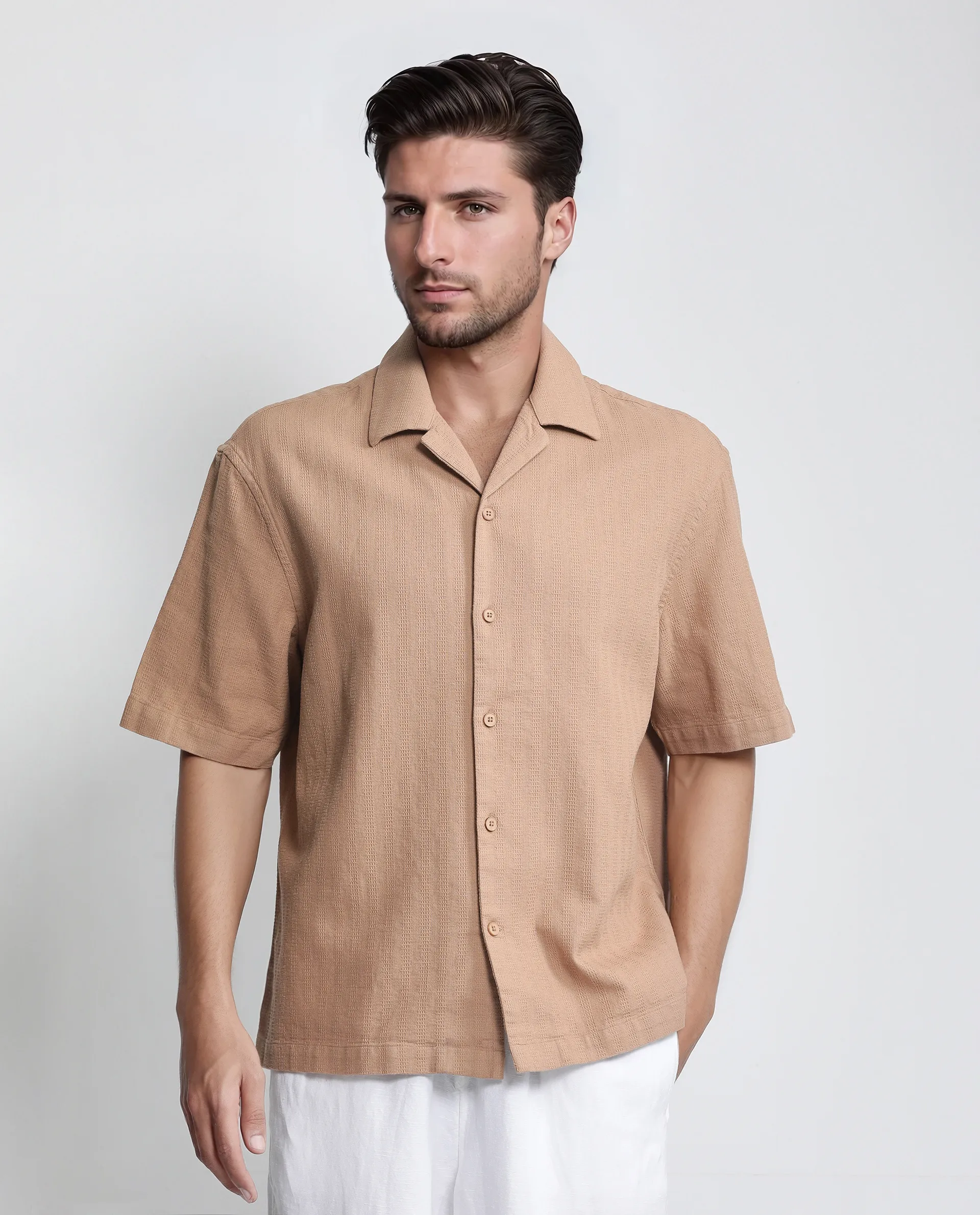 Rare Rabbit Men's Astur Brown Cotton Plain Boxy Fit Half Sleeve Cuban Collar Shirt - Image 3
