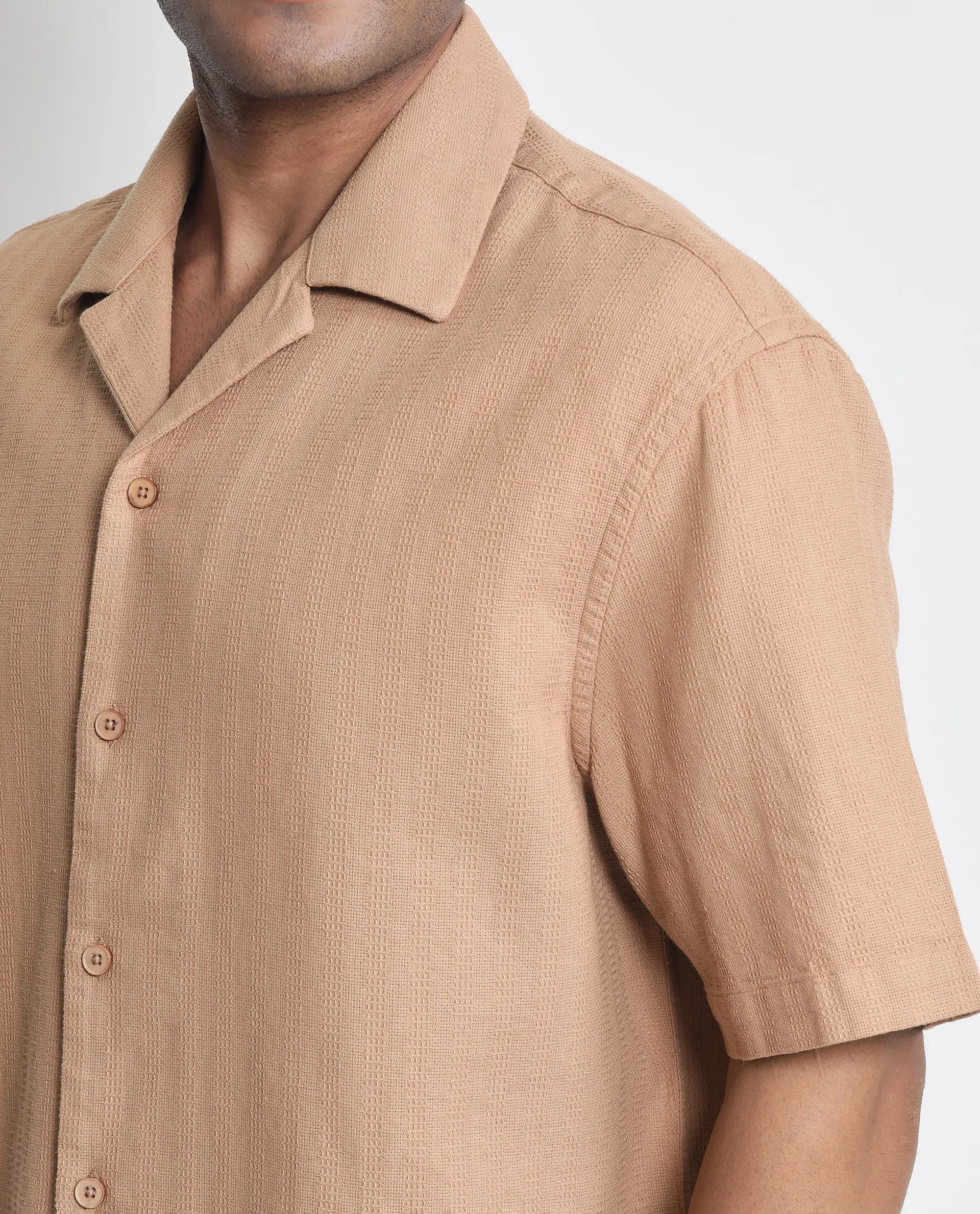 Rare Rabbit Men's Astur Brown Cotton Plain Boxy Fit Half Sleeve Cuban Collar Shirt - Image 4