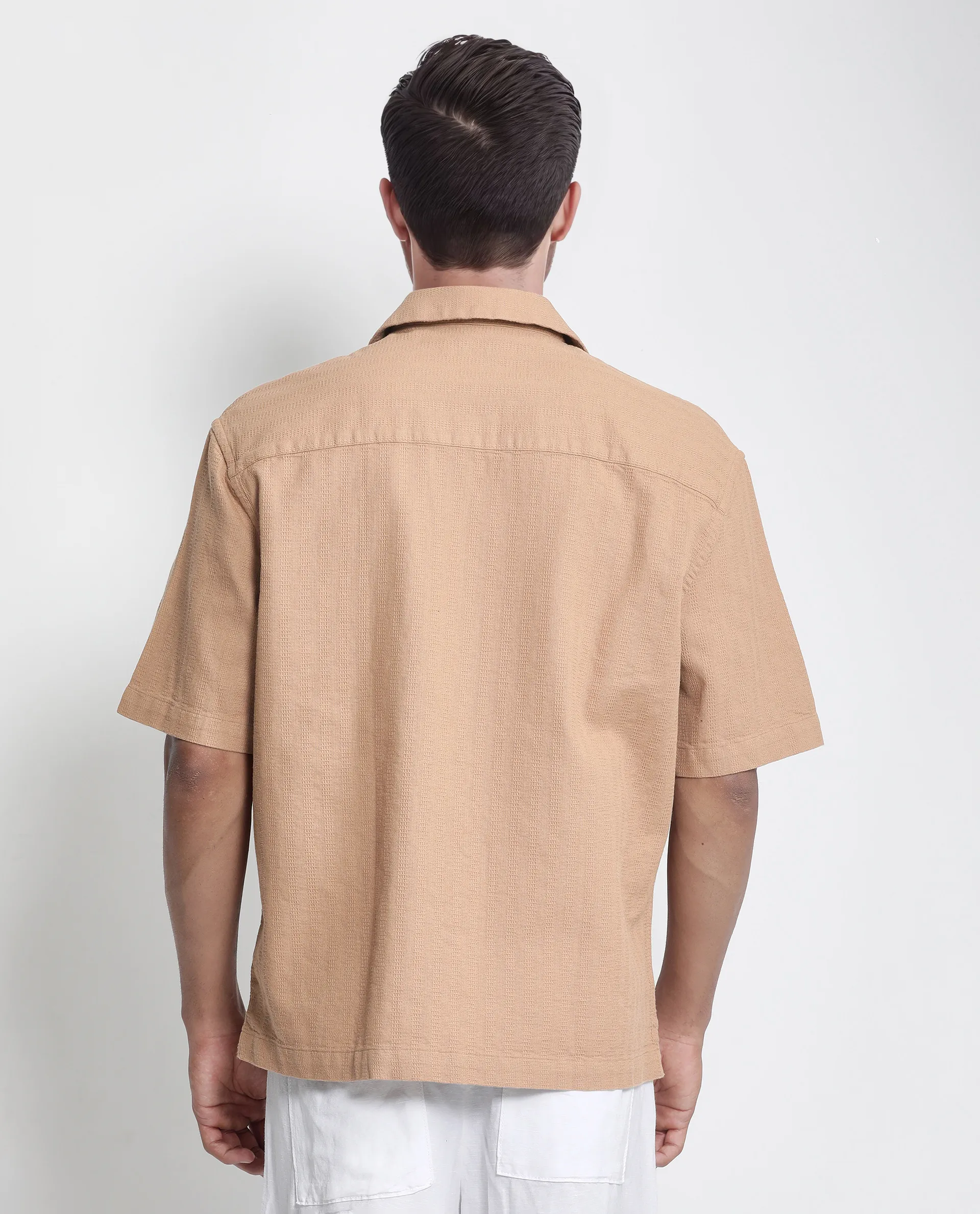 Rare Rabbit Men's Astur Brown Cotton Plain Boxy Fit Half Sleeve Cuban Collar Shirt - Image 5