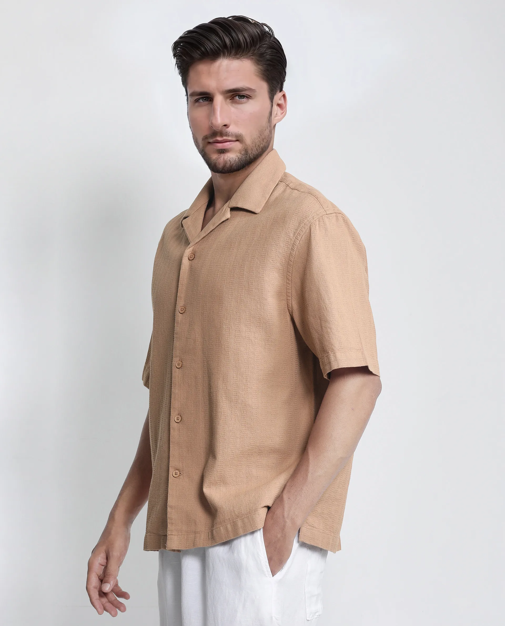 Rare Rabbit Men's Astur Brown Cotton Plain Boxy Fit Half Sleeve Cuban Collar Shirt - Image 6