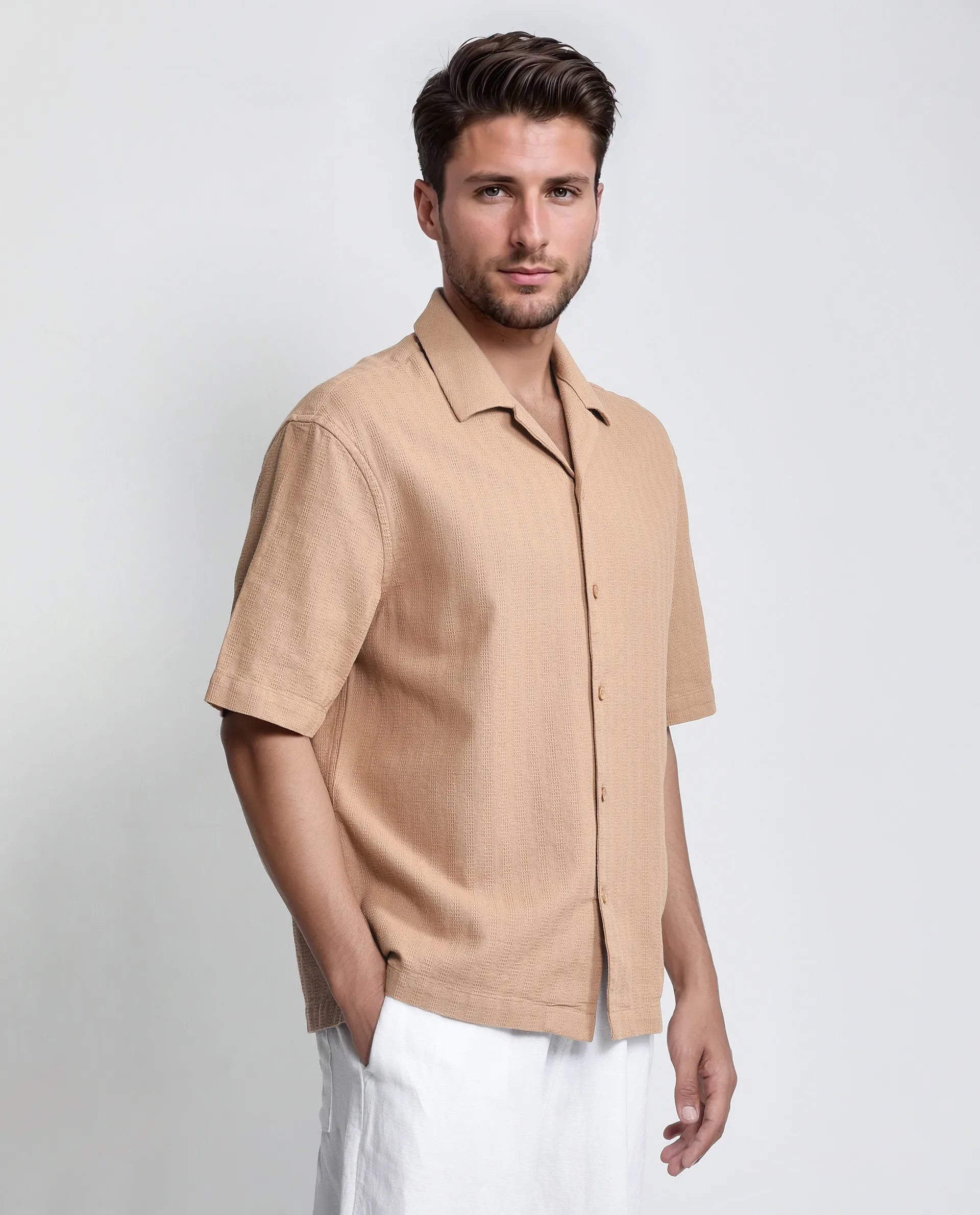 Rare Rabbit Men's Astur Brown Cotton Plain Boxy Fit Half Sleeve Cuban Collar Shirt - Image 7