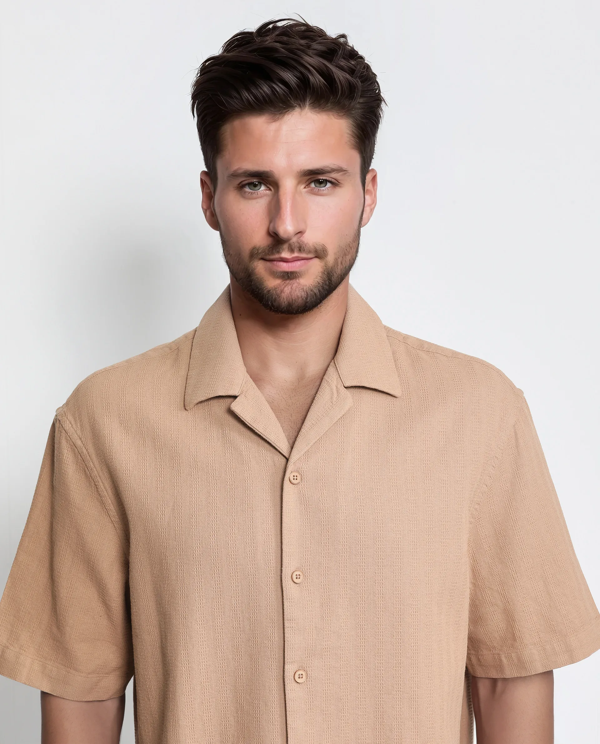 Rare Rabbit Men's Astur Brown Cotton Plain Boxy Fit Half Sleeve Cuban Collar Shirt - Image 8