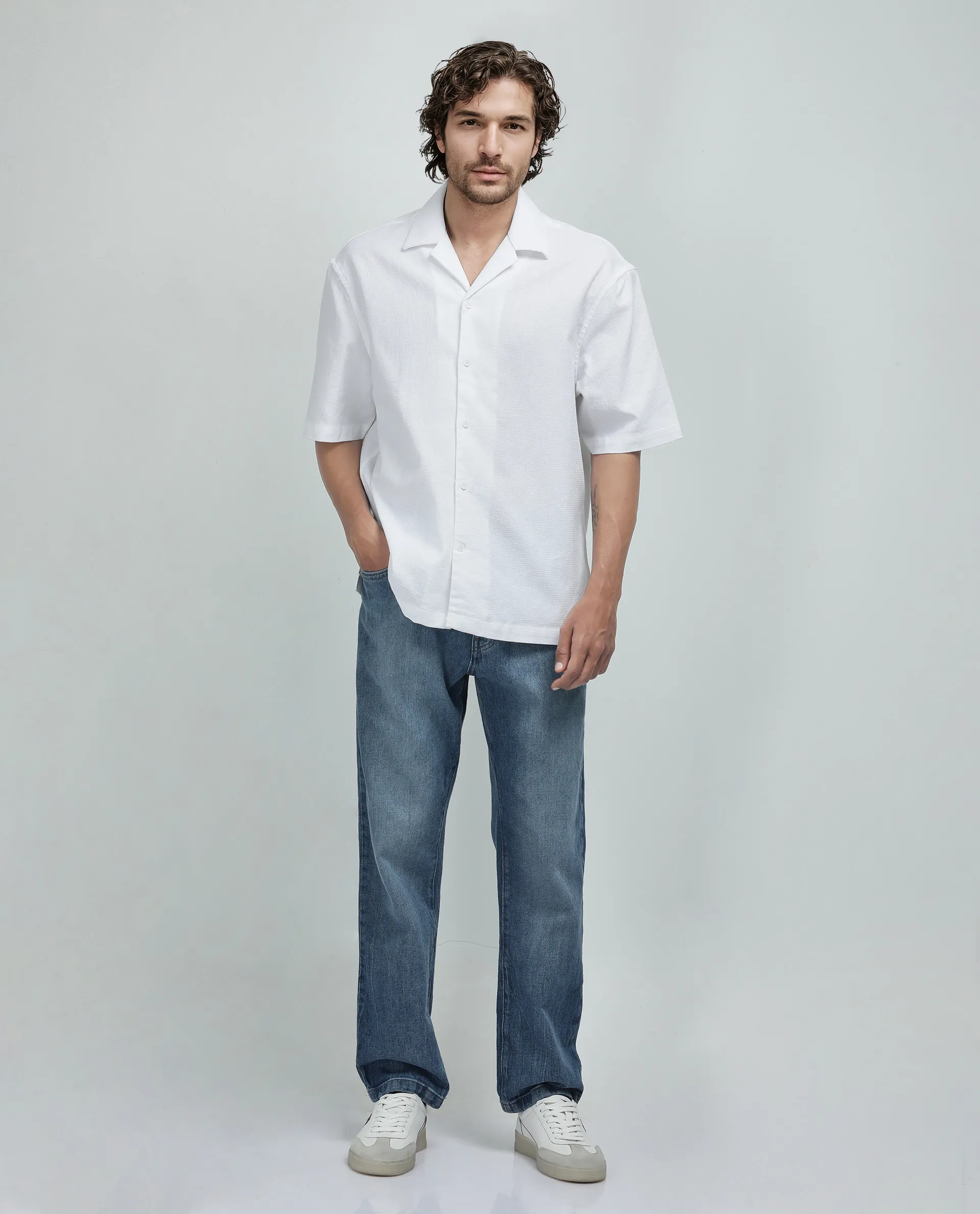 Rare Rabbit Men's Astur Off White Cotton Plain Boxy Fit Half Sleeve Cuban Collar Shirt - Image 2