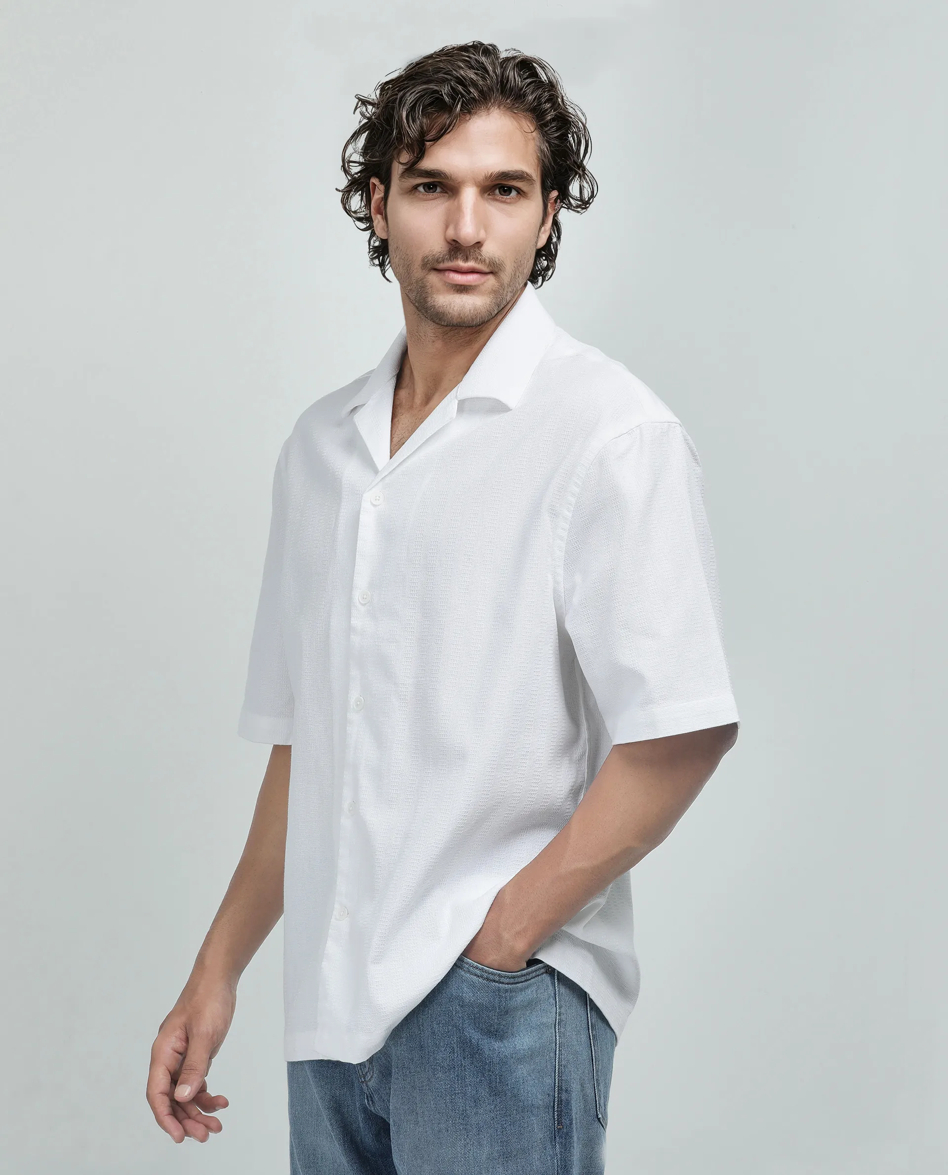 Rare Rabbit Men's Astur Off White Cotton Plain Boxy Fit Half Sleeve Cuban Collar Shirt - Image 5
