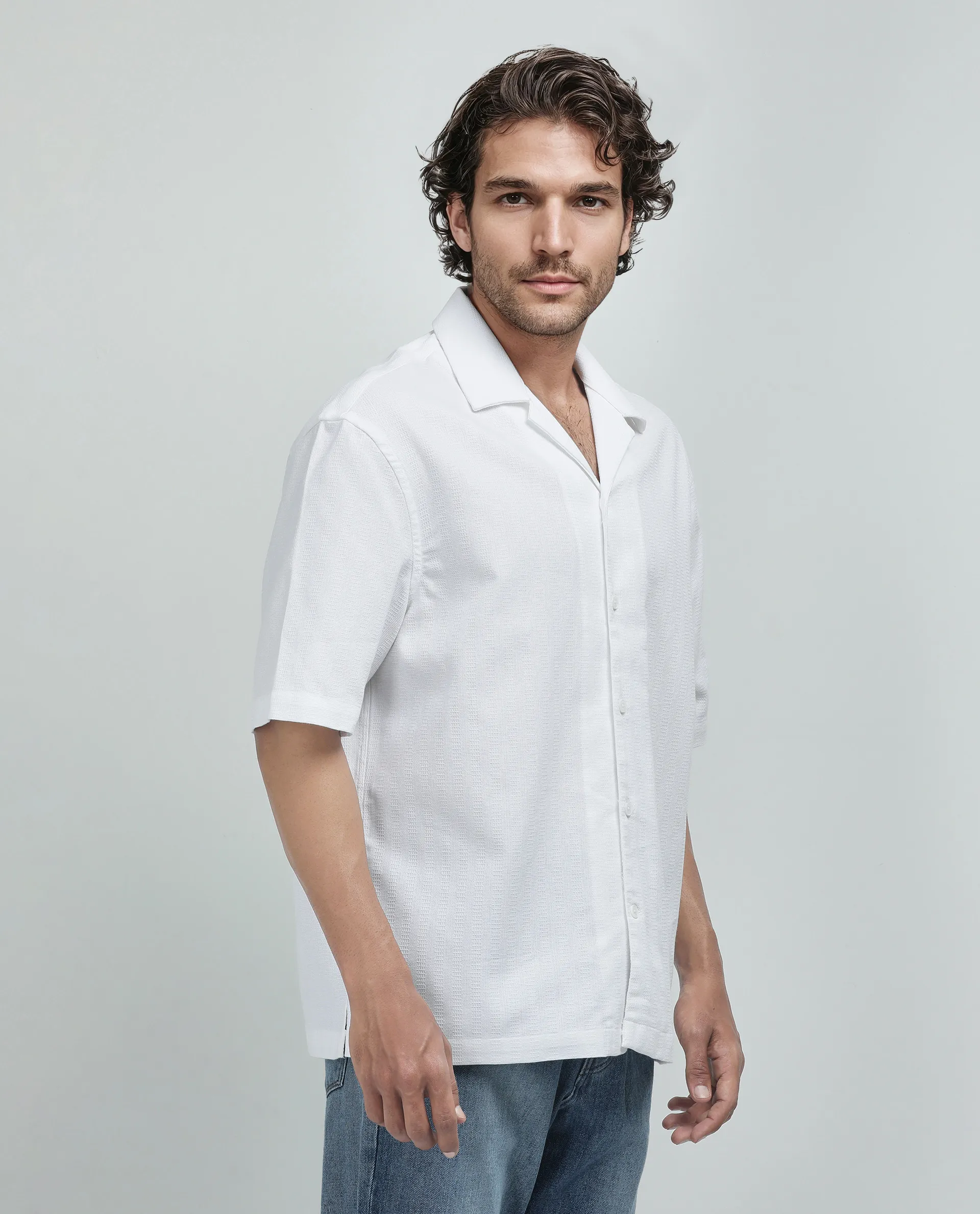 Rare Rabbit Men's Astur Off White Cotton Plain Boxy Fit Half Sleeve Cuban Collar Shirt - Image 6