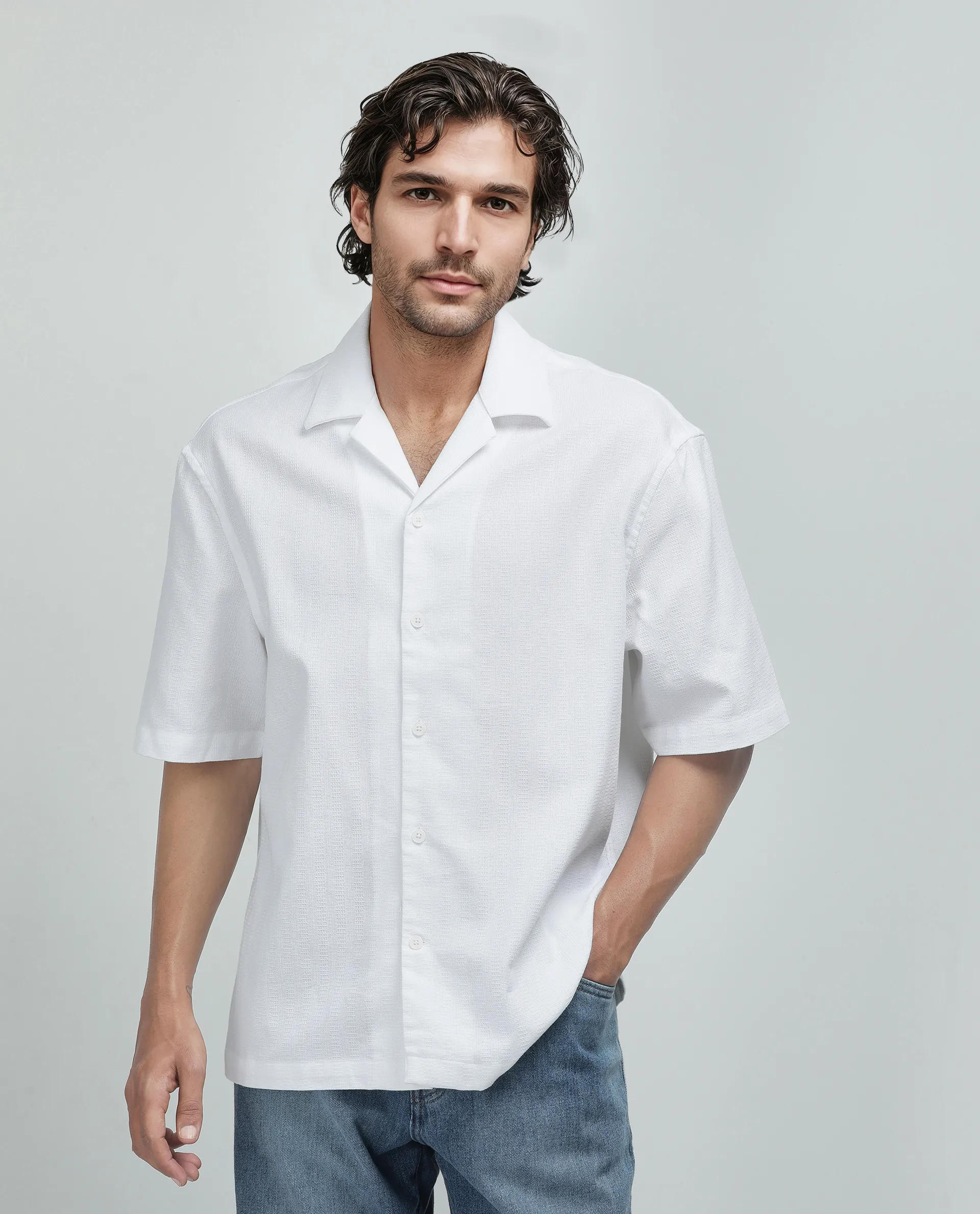 Rare Rabbit Men's Astur Off White Cotton Plain Boxy Fit Half Sleeve Cuban Collar Shirt - Image 9