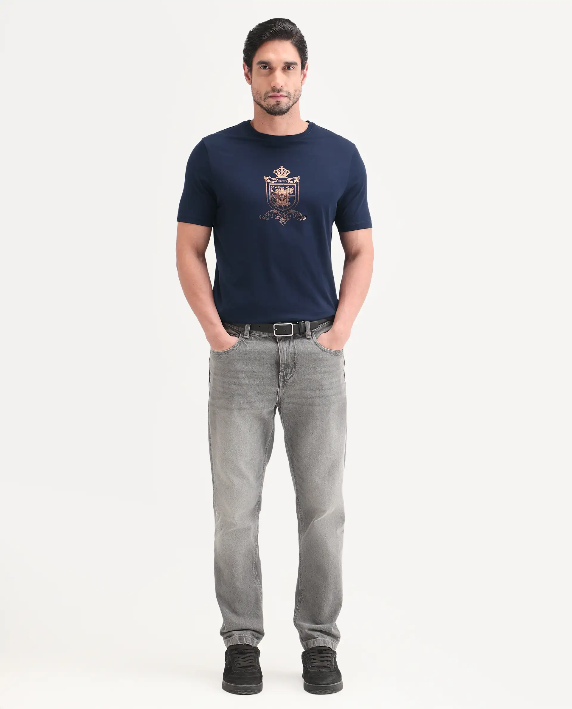 Rare Rabbit Men's Asty Navy Cotton Fabric Half Sleeve Crew Neck Regular Fit Graphic Print T-Shirt - Image 2
