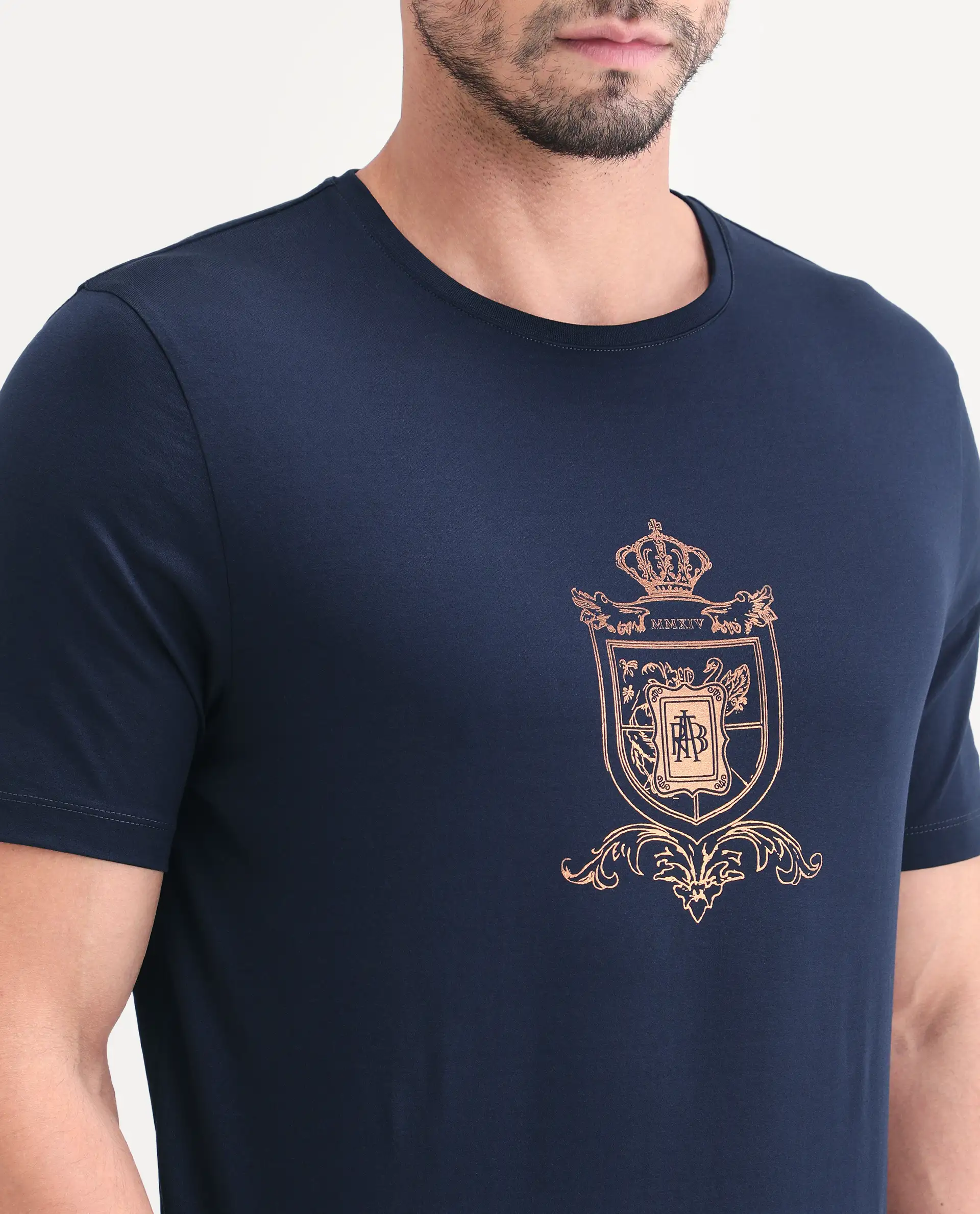 Rare Rabbit Men's Asty Navy Cotton Fabric Half Sleeve Crew Neck Regular Fit Graphic Print T-Shirt - Image 3