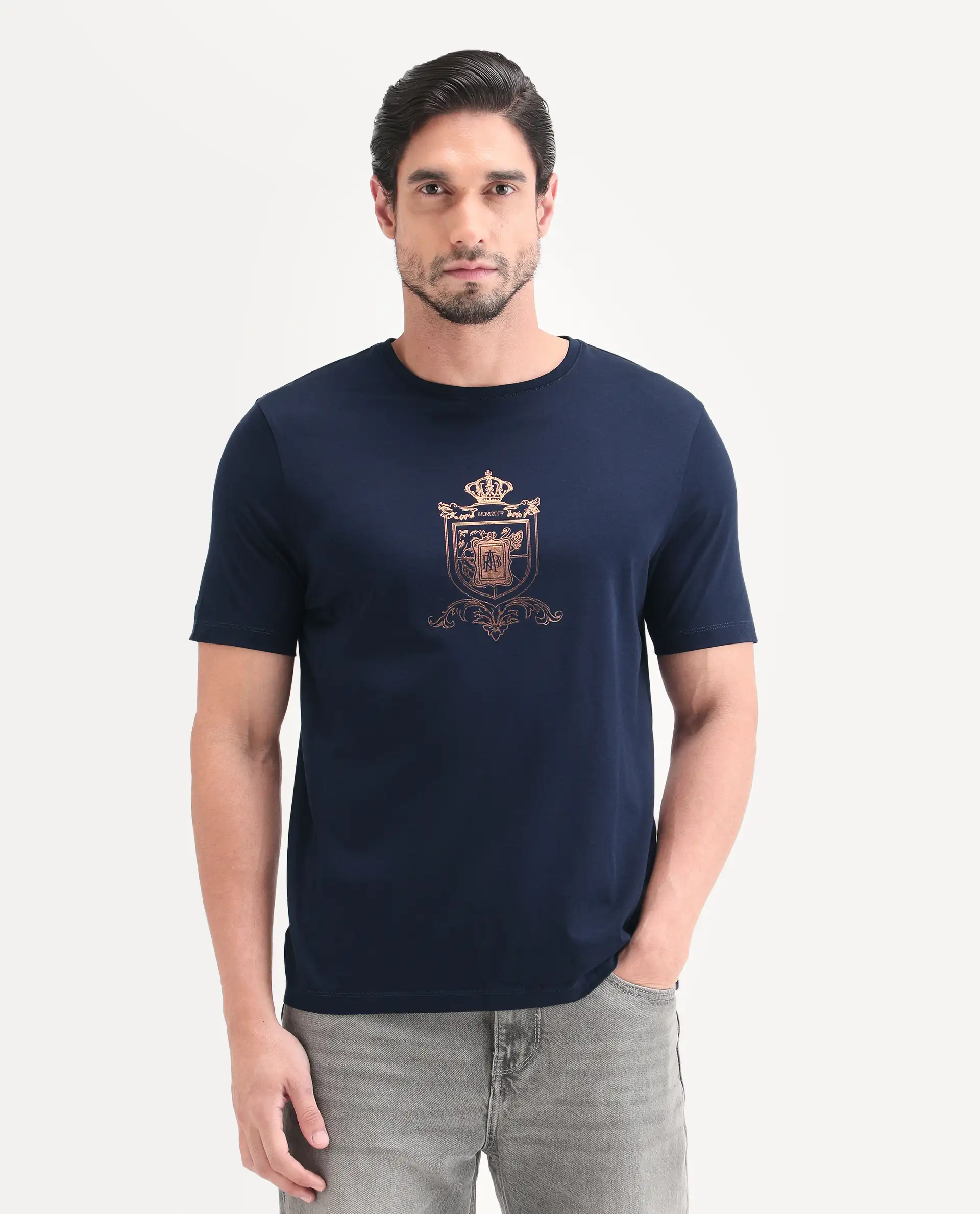 Rare Rabbit Men's Asty Navy Cotton Fabric Half Sleeve Crew Neck Regular Fit Graphic Print T-Shirt - Image 4