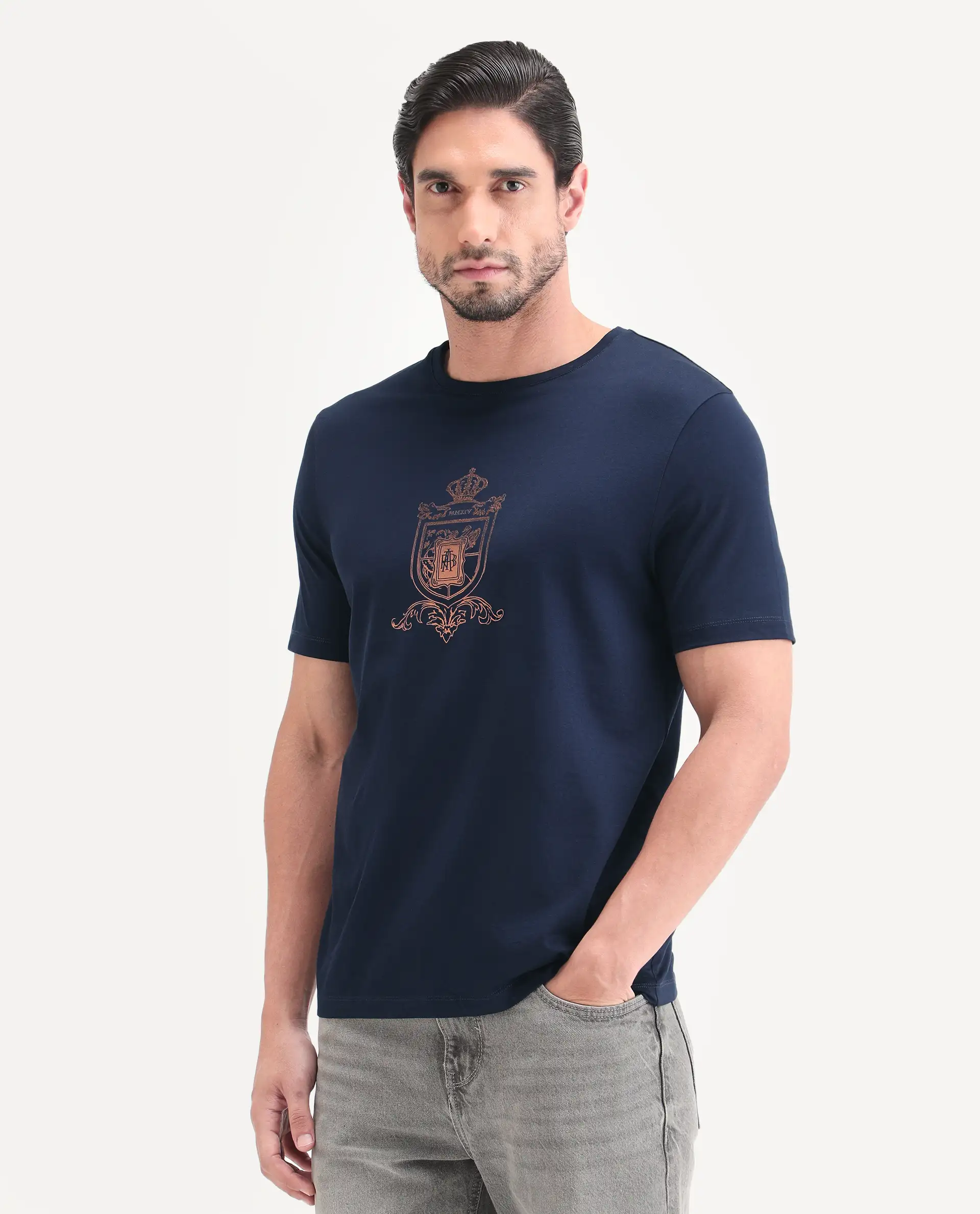 Rare Rabbit Men's Asty Navy Cotton Fabric Half Sleeve Crew Neck Regular Fit Graphic Print T-Shirt - Image 5