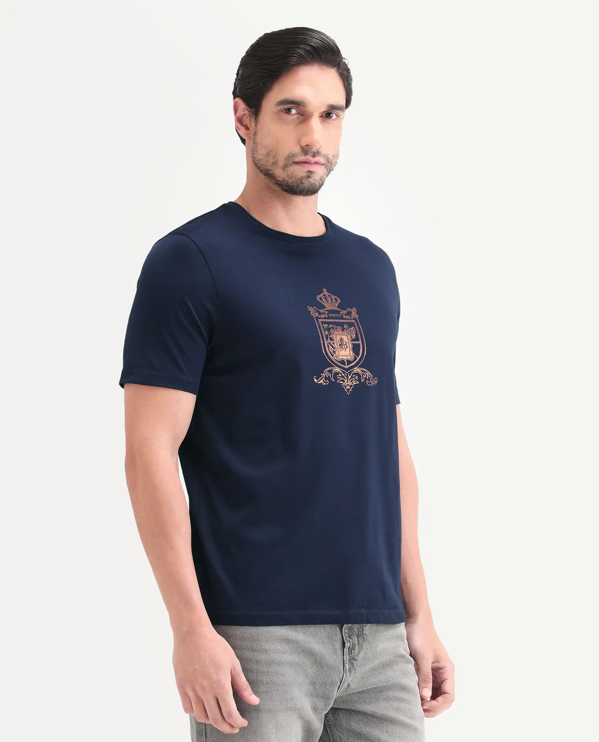Rare Rabbit Men's Asty Navy Cotton Fabric Half Sleeve Crew Neck Regular Fit Graphic Print T-Shirt - Image 6