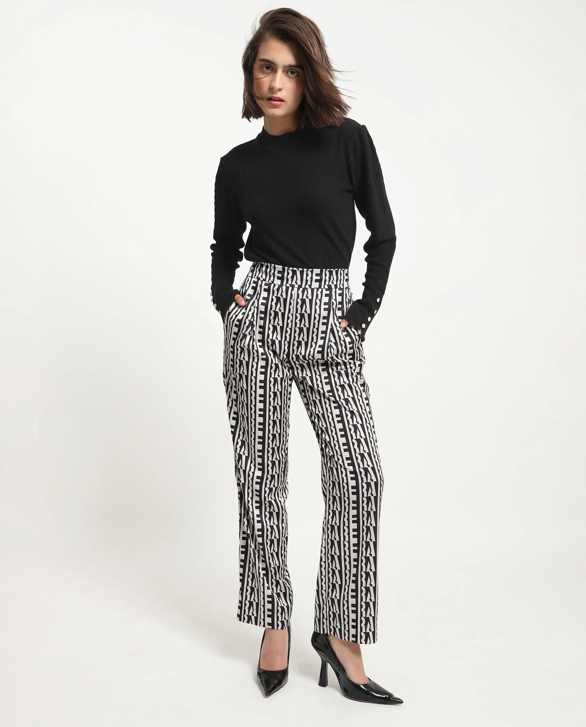 Rareism Women's Atantit Black Polyester Geometric Print Ankle Length Tailored Trouser