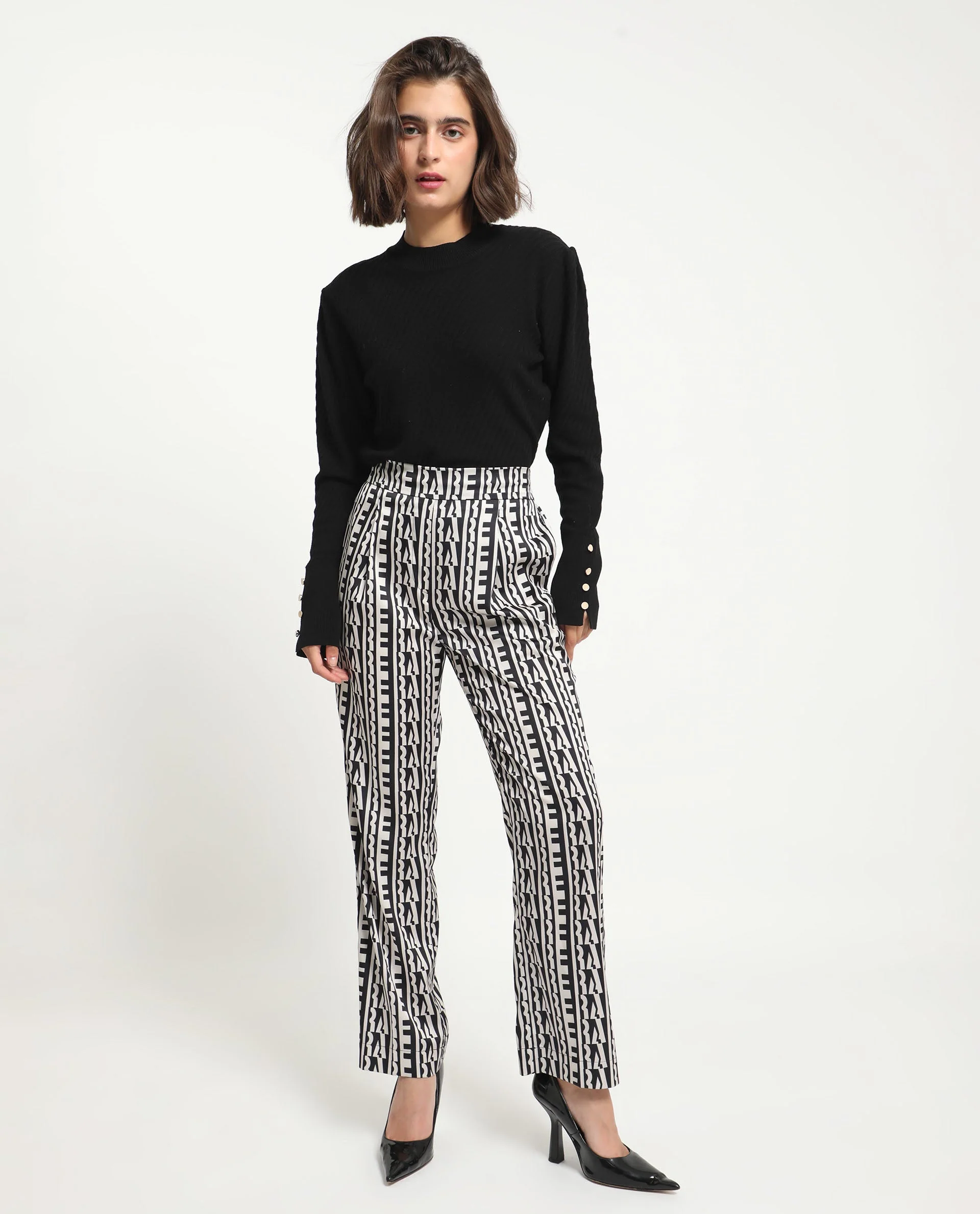 Rareism Women's Atantit Black Polyester Geometric Print Ankle Length Tailored Trouser - Image 10