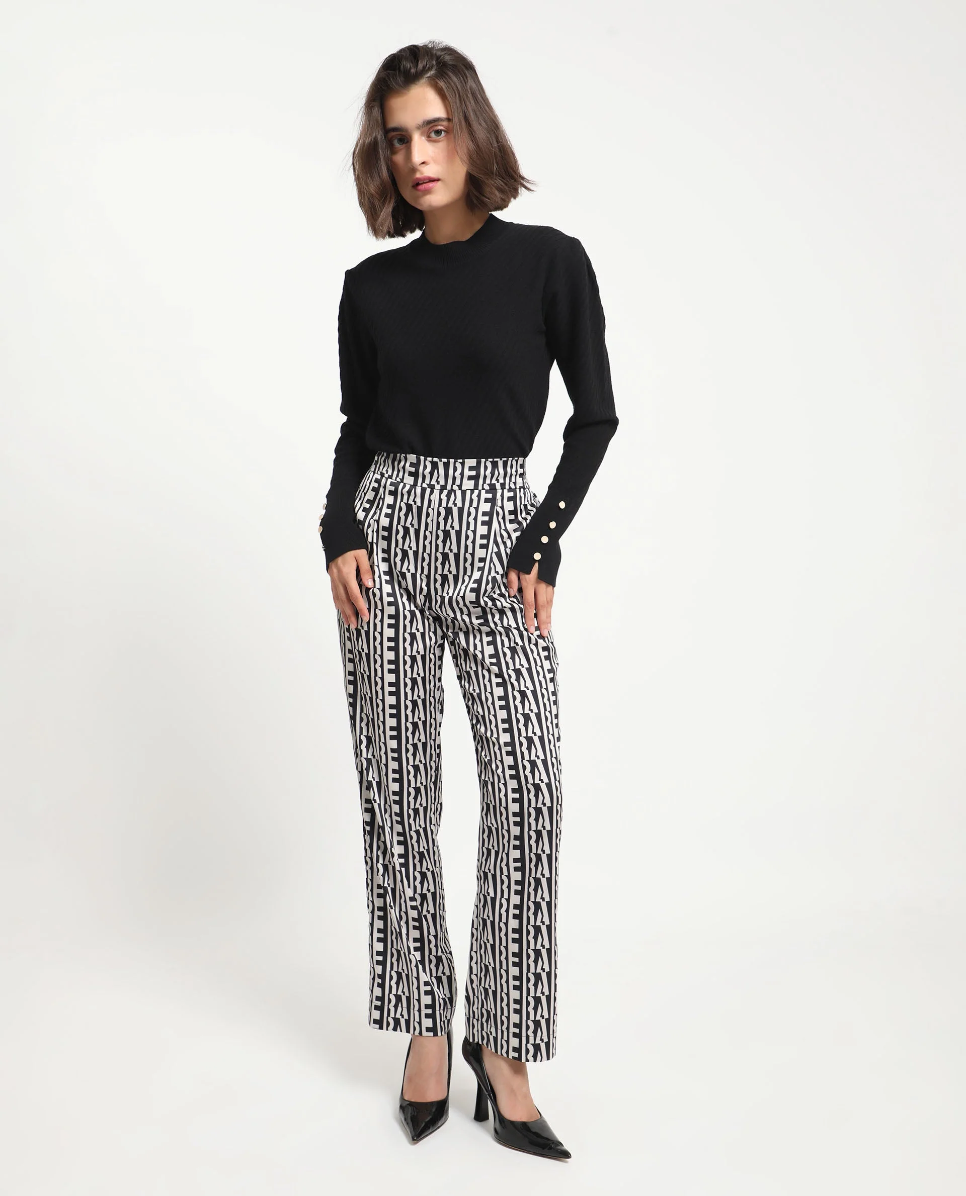 Rareism Women's Atantit Black Polyester Geometric Print Ankle Length Tailored Trouser - Image 11
