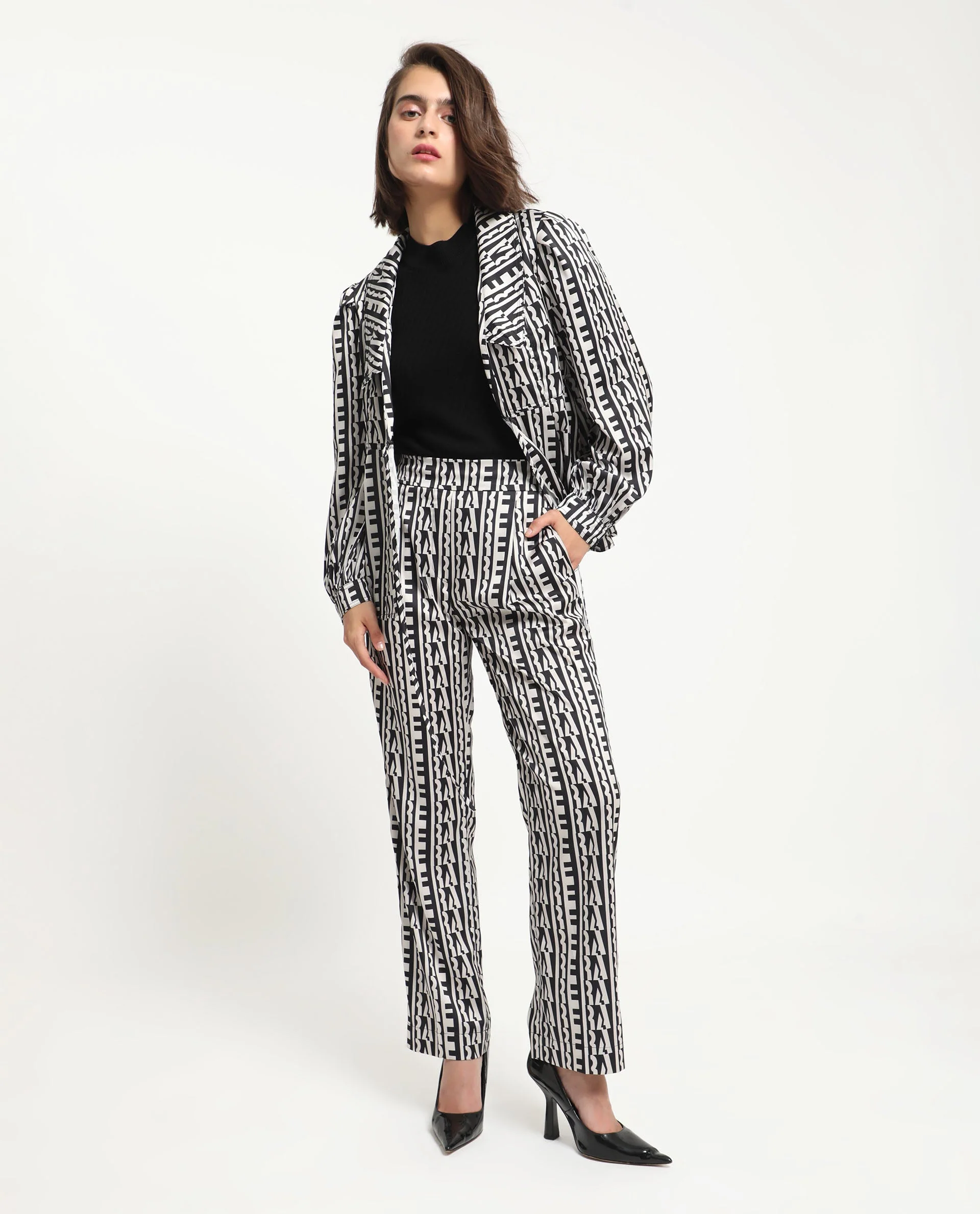 Rareism Women's Atantit Black Polyester Geometric Print Ankle Length Tailored Trouser - Image 12